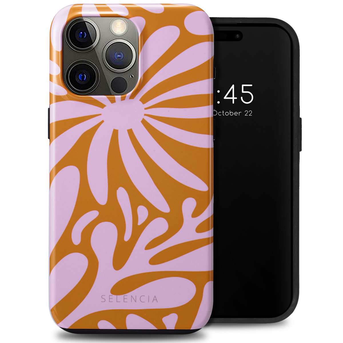 Telefoonhoesje met oranje en roze bloemenontwerp, met de tijd op de telefoon.