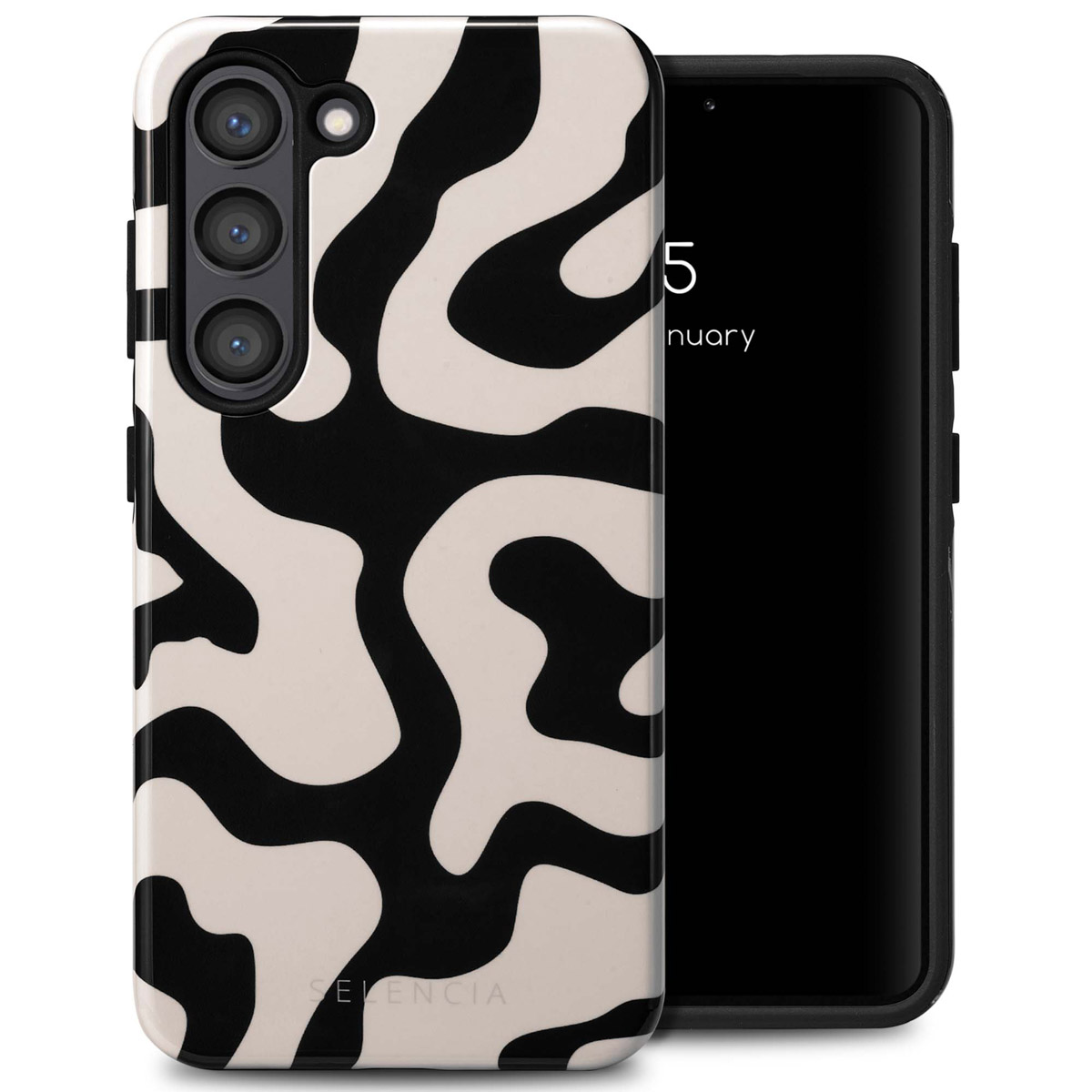 Coque de téléphone avec un motif ondulé noir et blanc. Nom de la marque Selencia.