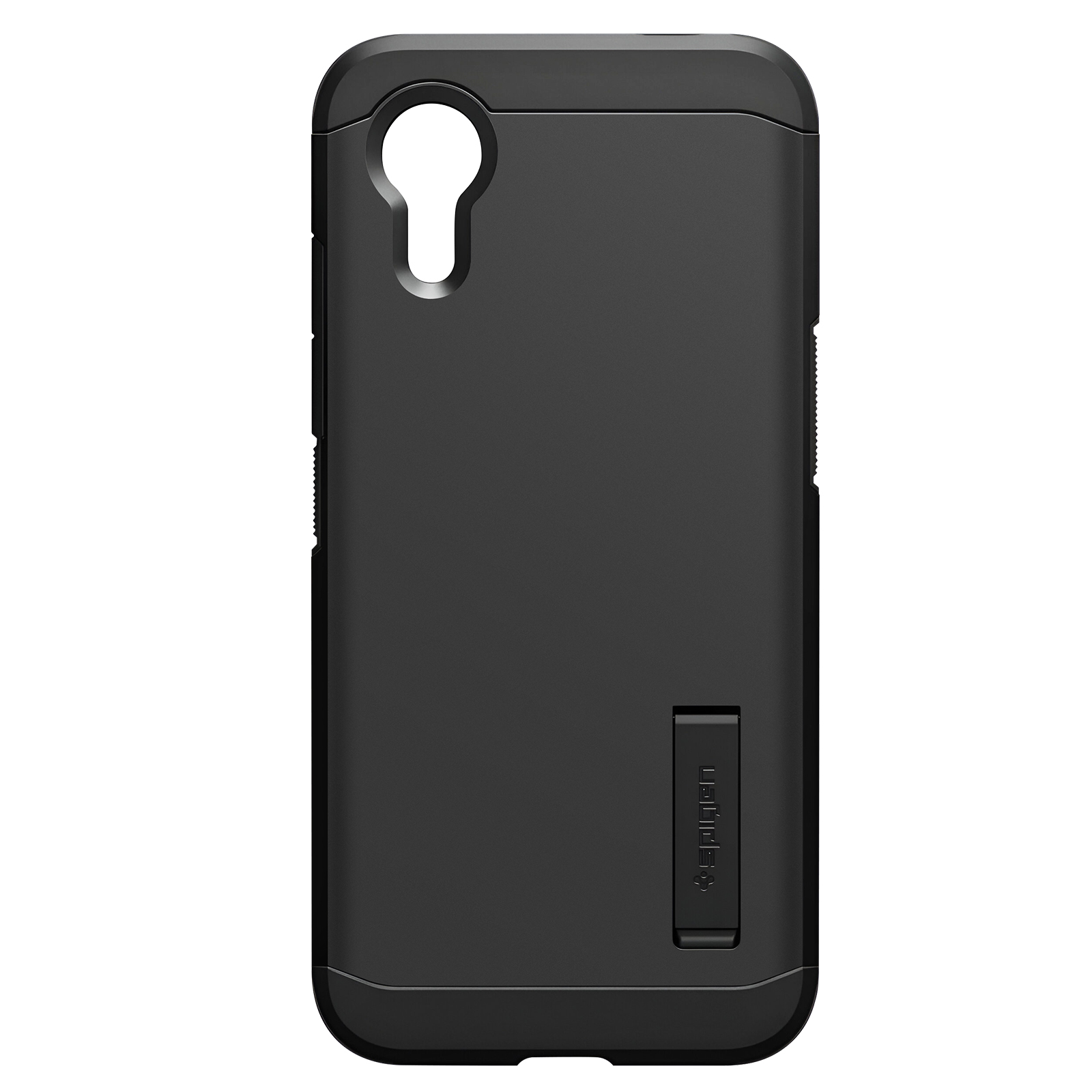 Coque de téléphone noire avec béquille. Vue arrière, avec découpe pour la caméra.