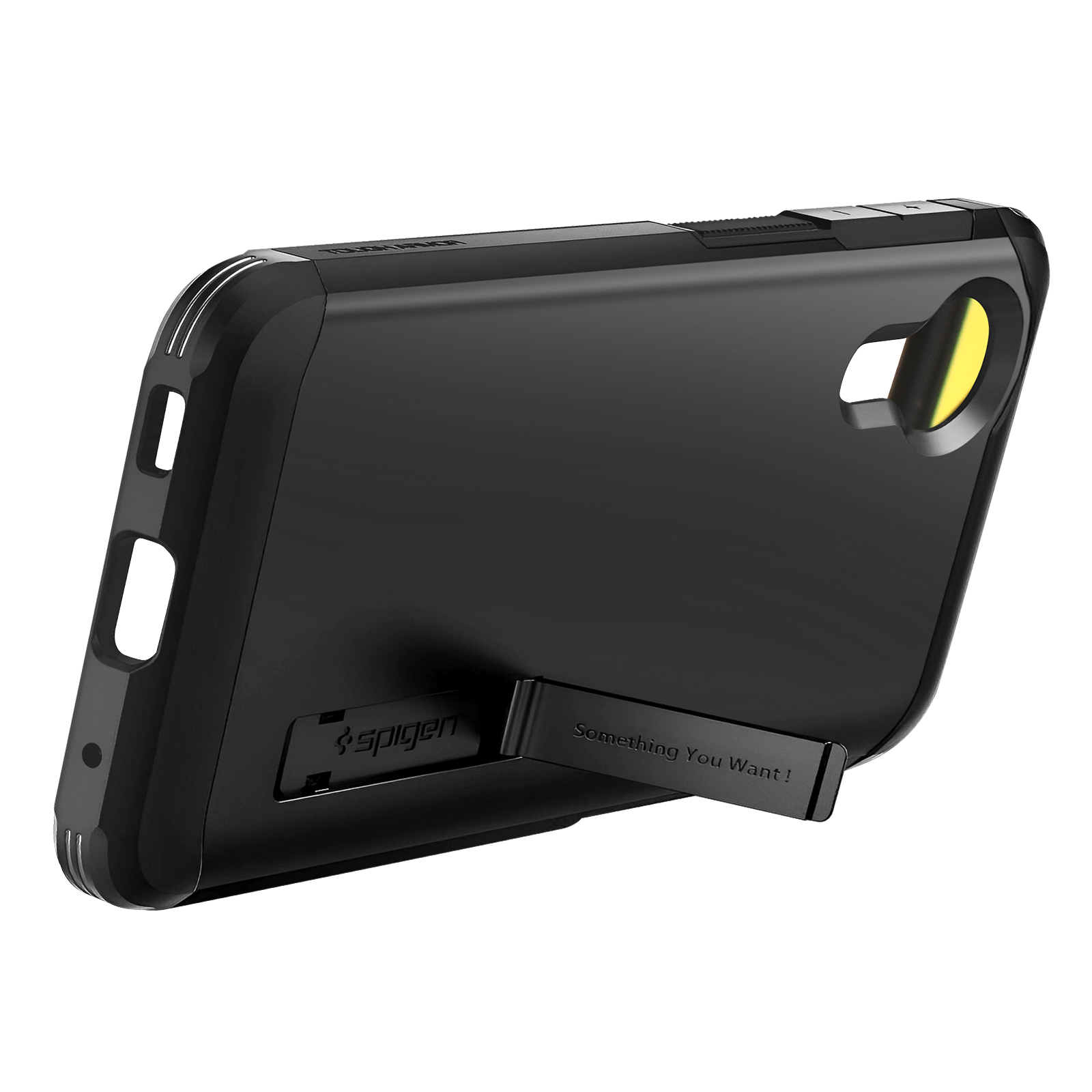 Coque de téléphone noire avec béquille, 'Spigen' imprimé sur la béquille.