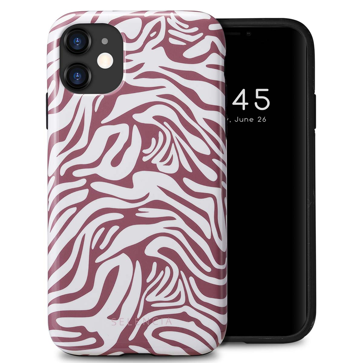 Telefoon in zebraprint hoesje, zwarte telefoon. Datum op scherm: 26 juni. Witte achtergrond.