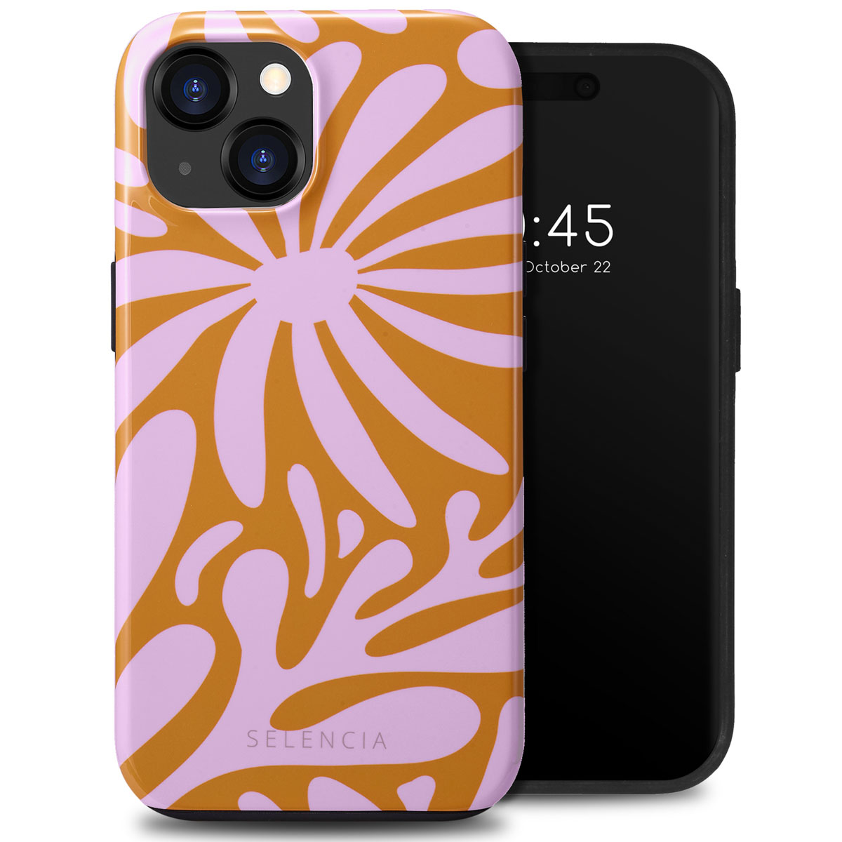 Téléphone dans une coque avec un motif floral orange et rose.