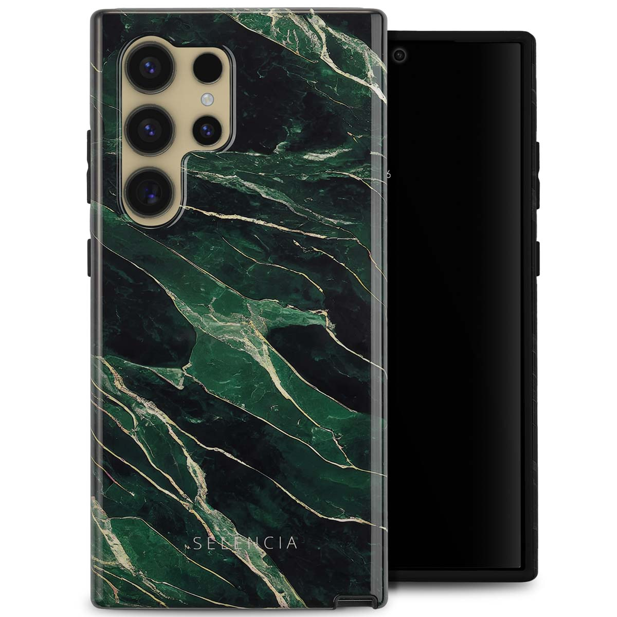 Smartphone hoesje met een groen marmer ontwerp. De telefoon staat naast de hoes, beide zichtbaar.