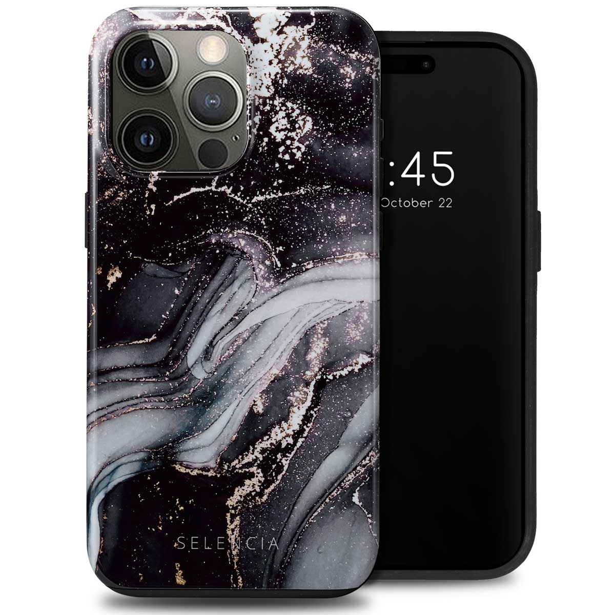 Coque de téléphone en marbre noir et blanc sur un téléphone. Le téléphone affiche l'heure et la date.
