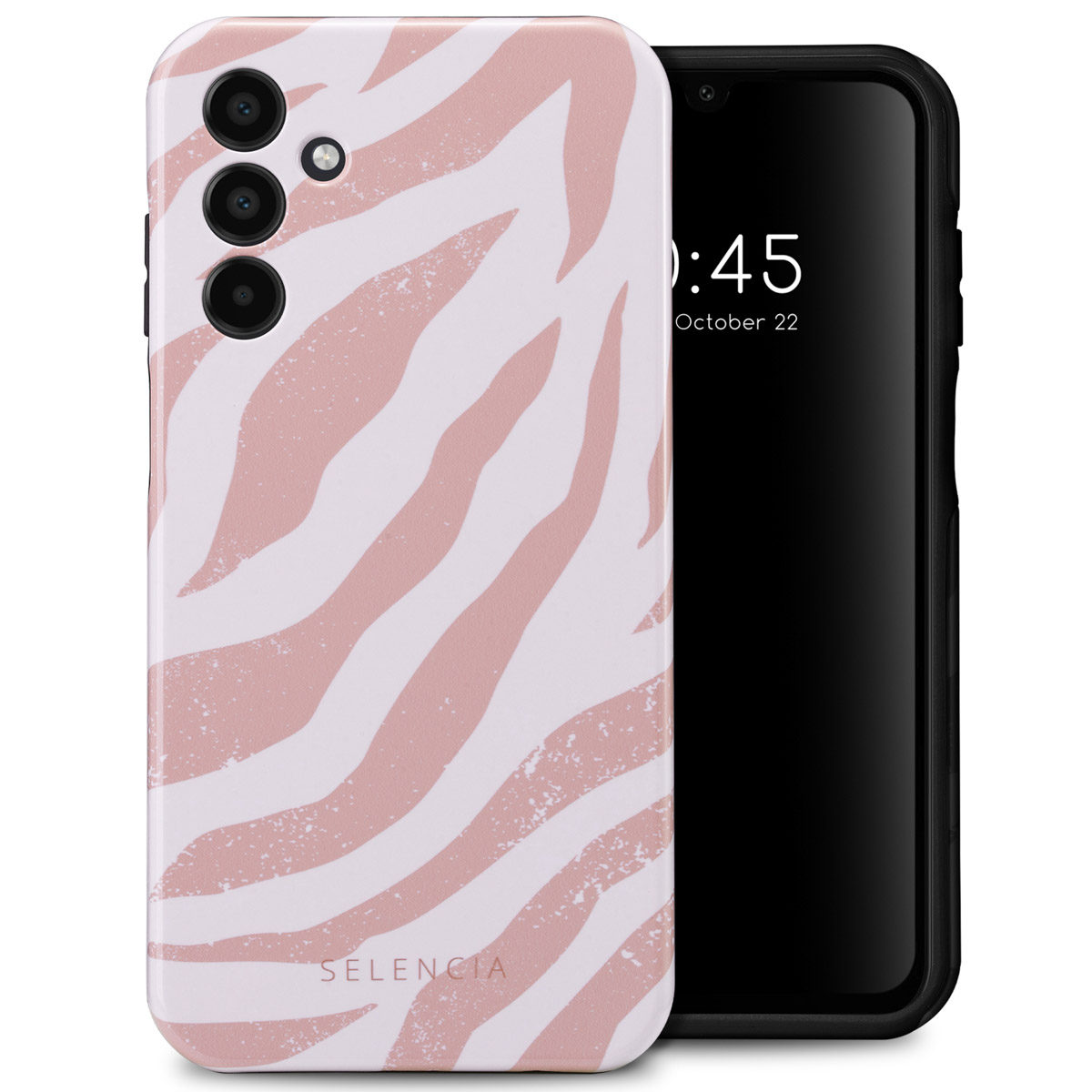 Telefoon in een roze en witte zebraprint hoes, met een zwarte telefoon en tijdweergave.