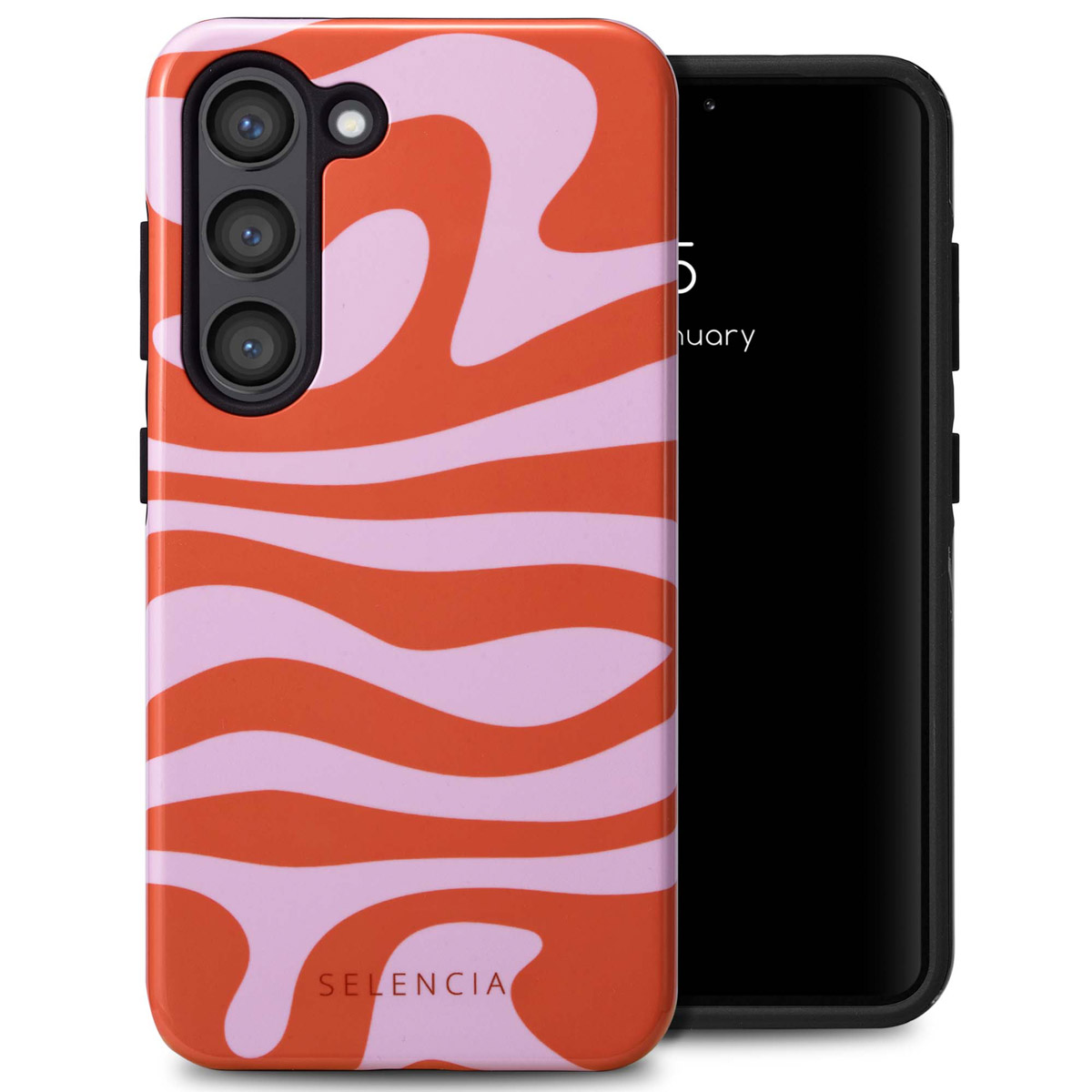 Coque de téléphone avec un motif ondulé orange et rose, avec l'heure sur le téléphone.