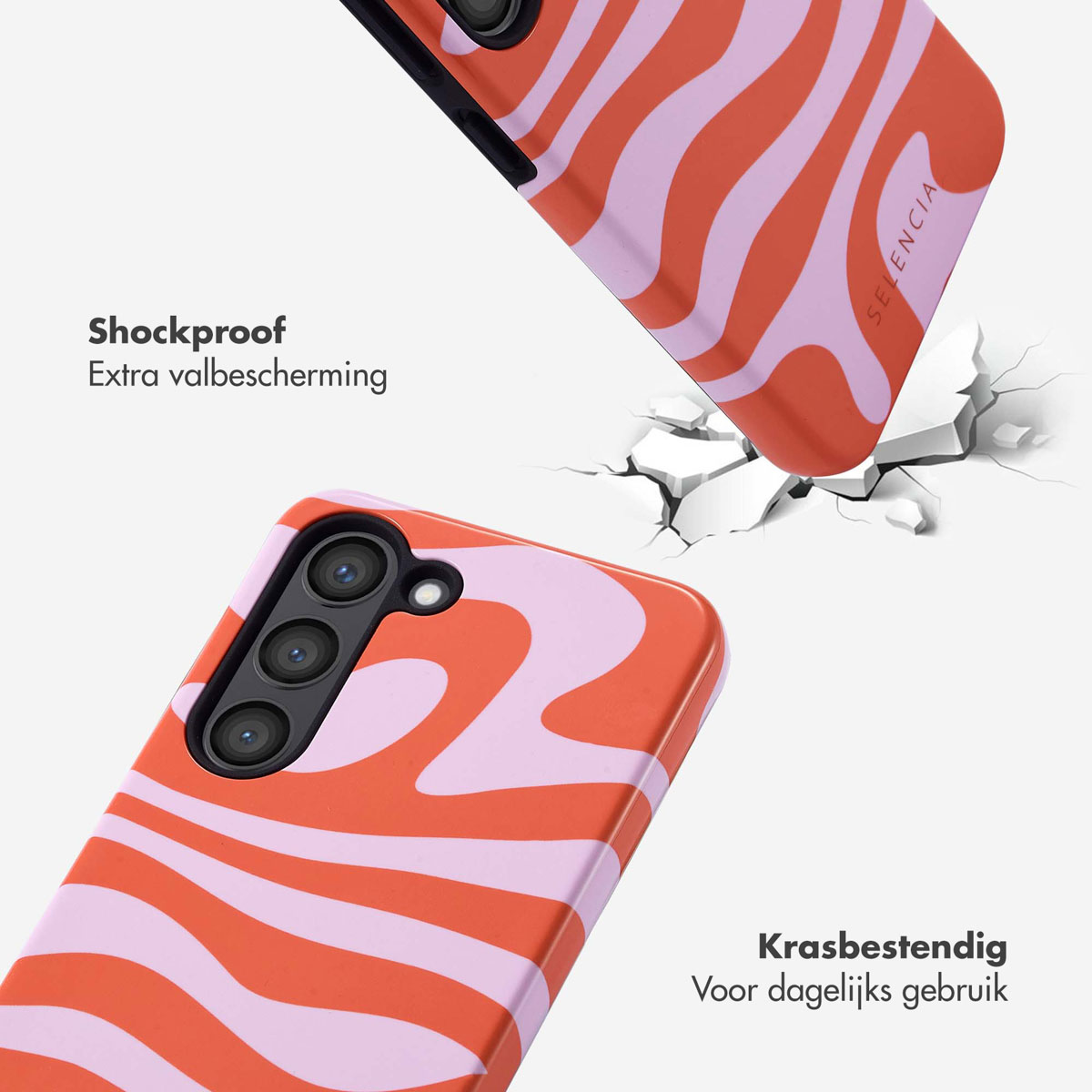Deux coques de téléphone avec motifs ondulés roses et corail sur surface craquelée.