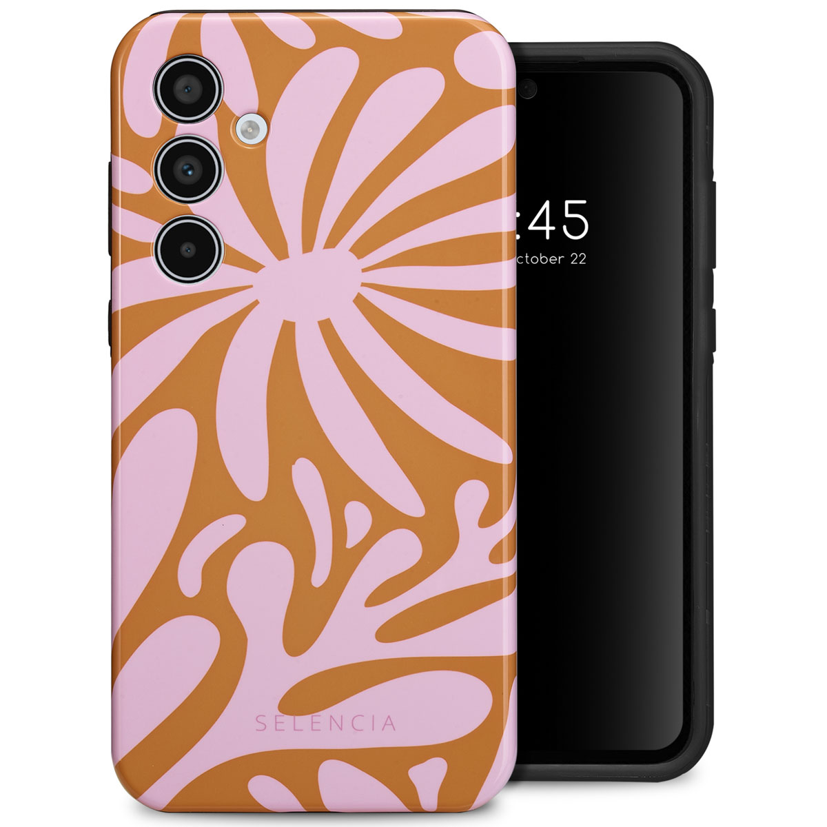 Coque de téléphone avec motif floral orange et rose, avec l'heure affichée sur le téléphone.