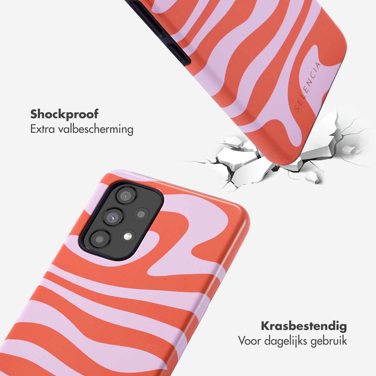 Coques de téléphone à motifs orange et violet tombent sur un sol fissuré.