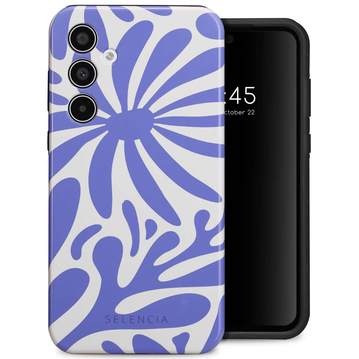 Coque de téléphone avec motif floral blanc et bleu. Nom de la marque Selencia.