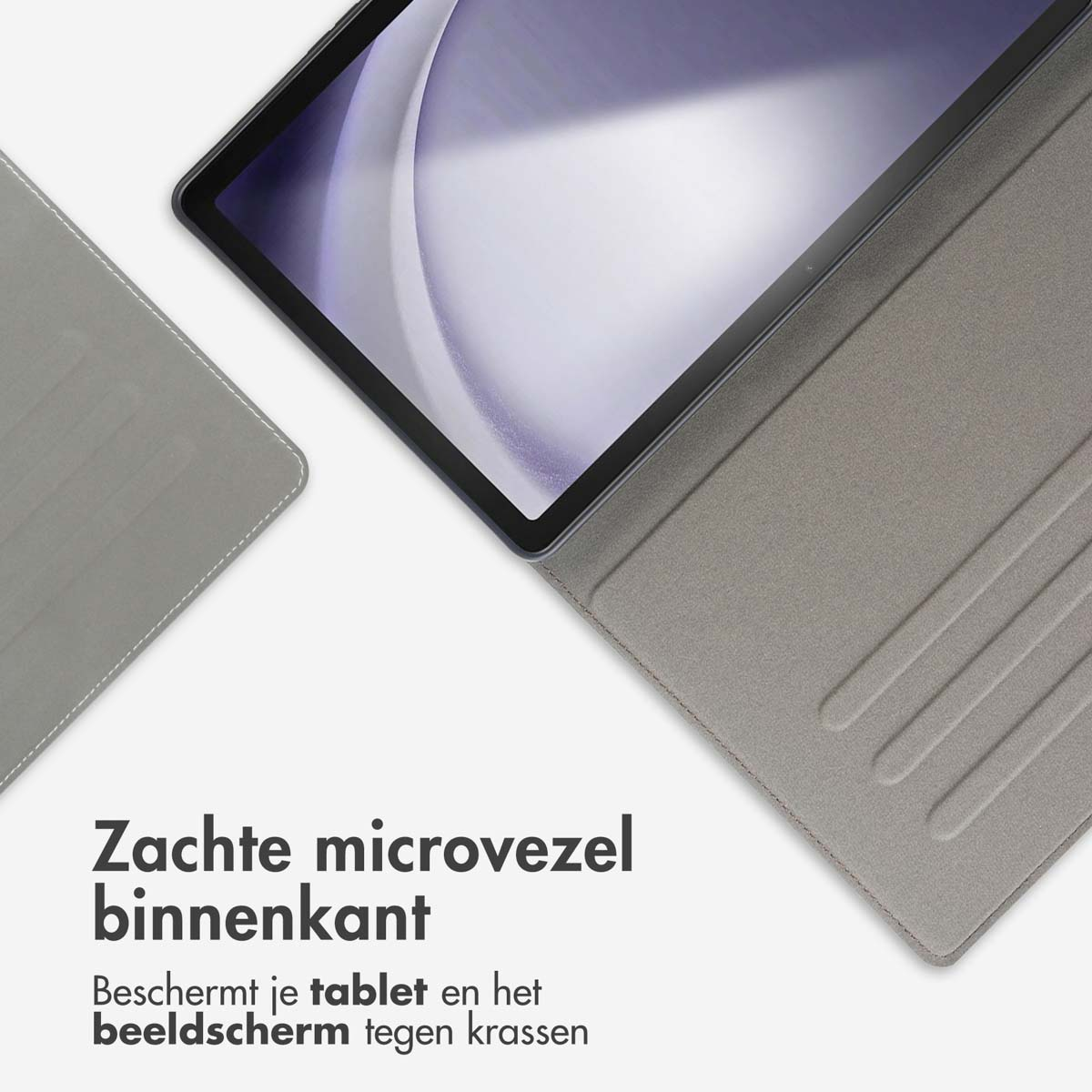 Tablet case with a gray interior and a tablet partly visible. Text about soft microfiber.