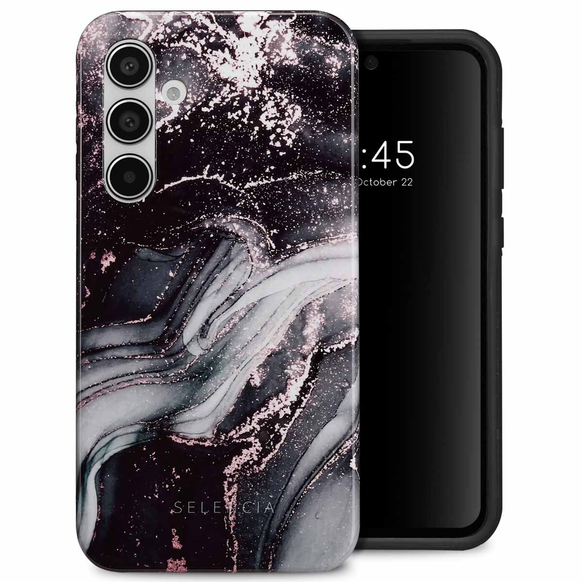 Een zwarte telefoon in een hoesje met een marmerpatroon.