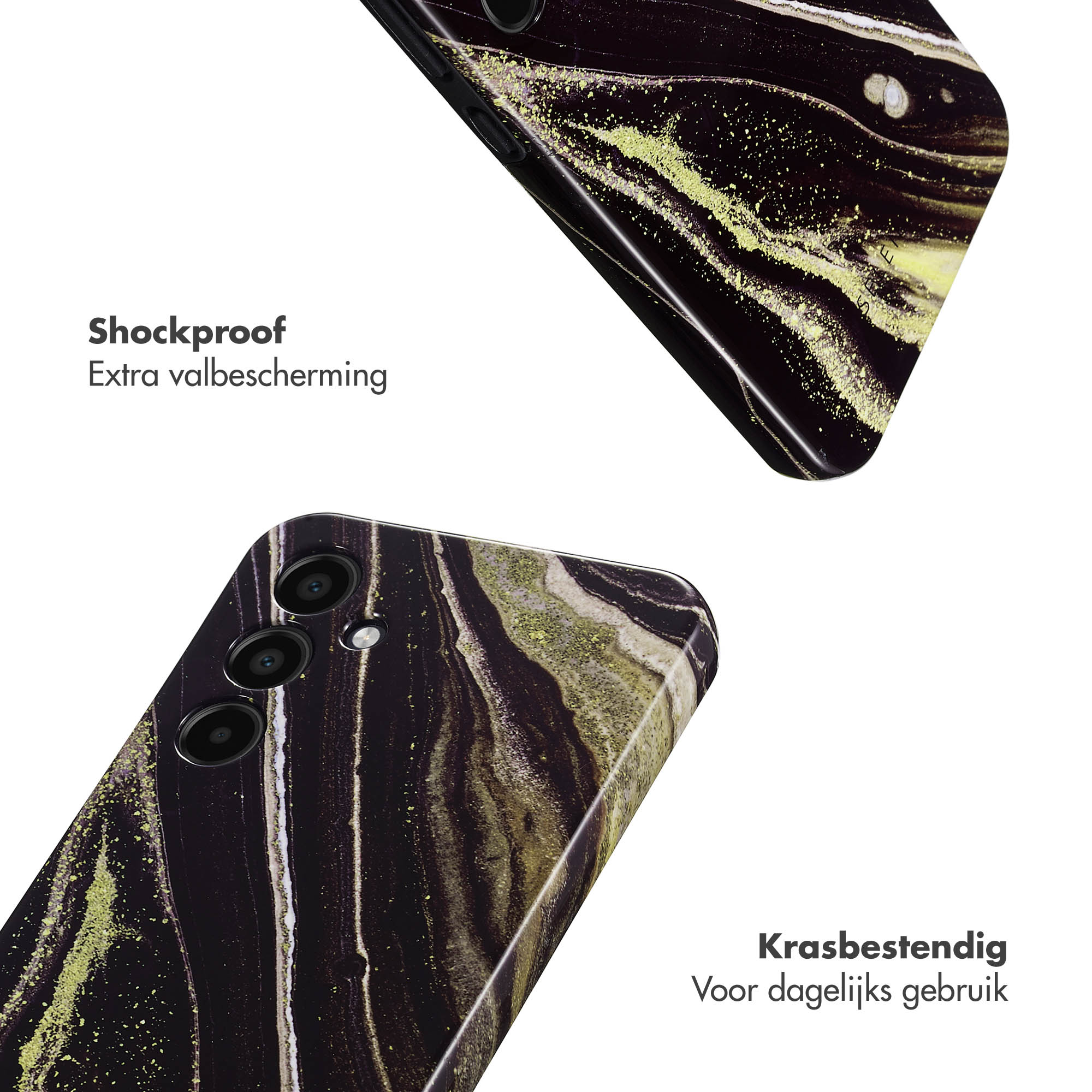 Gros plan sur une coque de téléphone avec un motif marbre noir et or. La coque est antichoc.