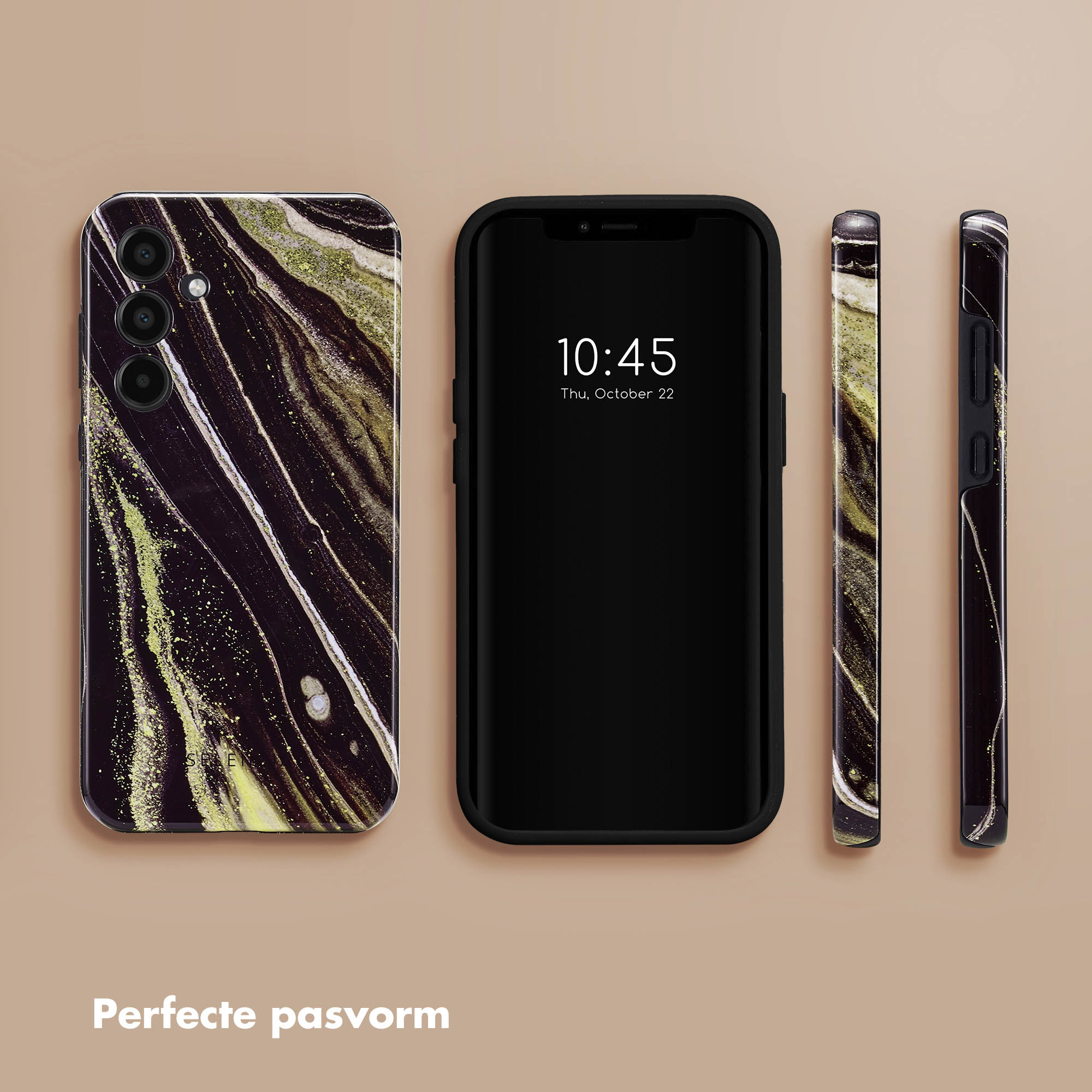 Téléphone, coque et parties de la coque. Coque avec un design marbré. Texte : Ajustement parfait.