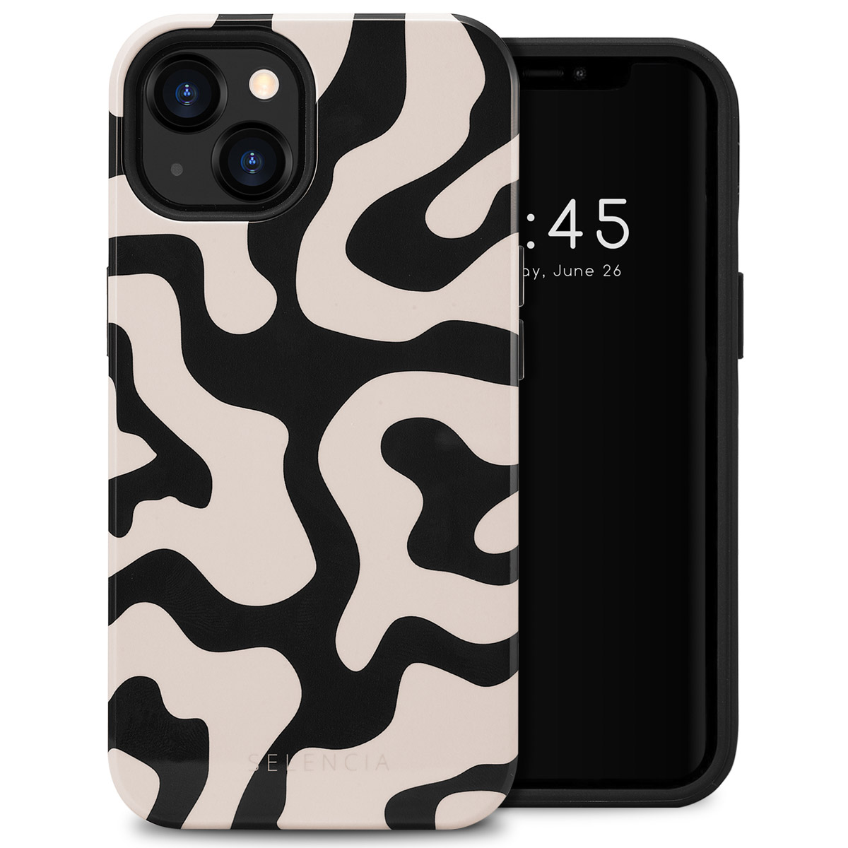 Telefoon met een zwart-wit patroonhoesje. Het scherm van de telefoon is zichtbaar.