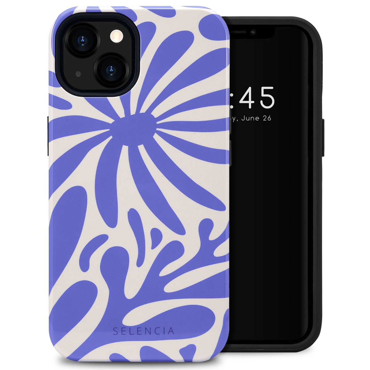 Coque de téléphone avec un motif floral bleu. Le téléphone est dans la coque, sur une surface blanche.