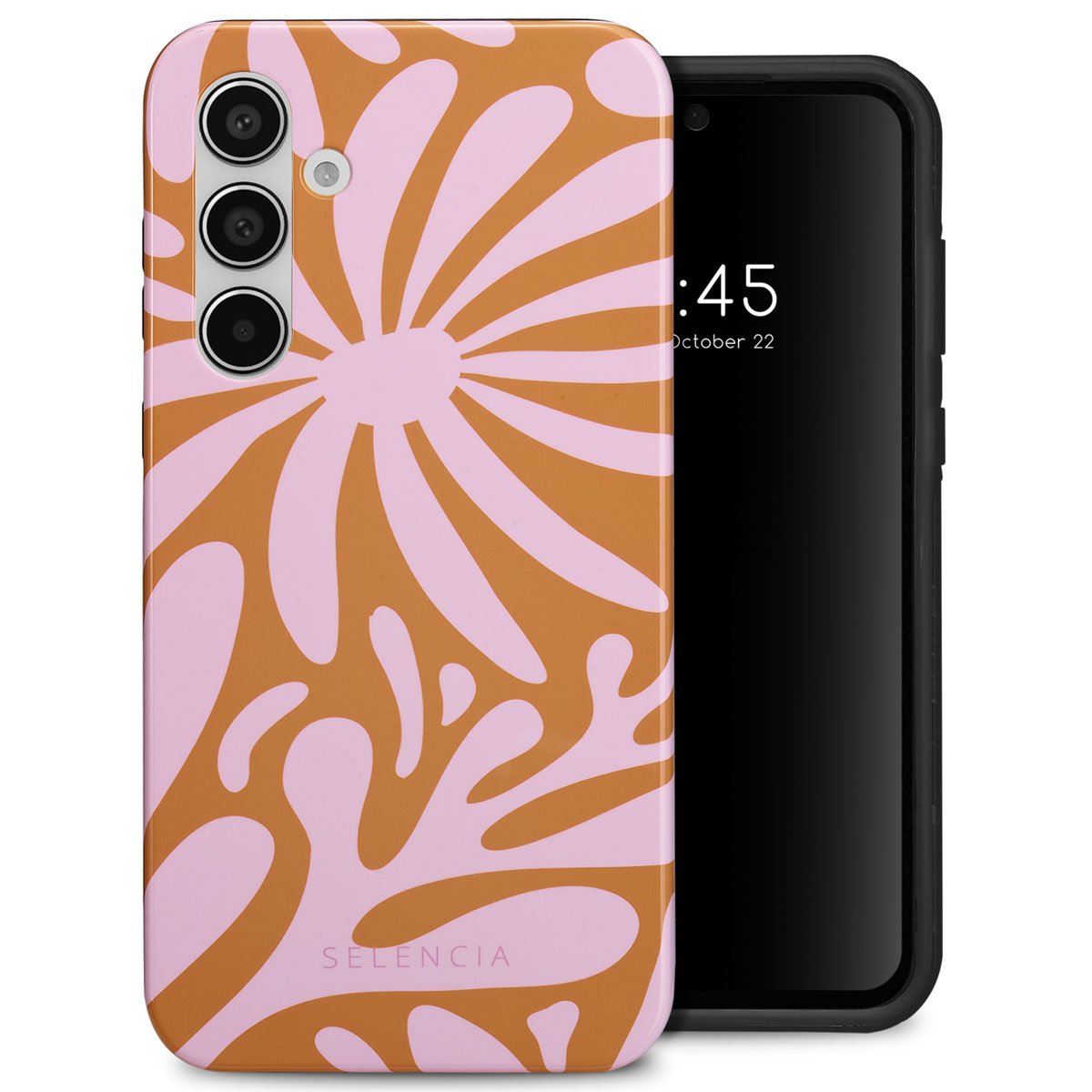 Telefoon in een hoesje met roze bloemenontwerp, bruine achtergrond.
