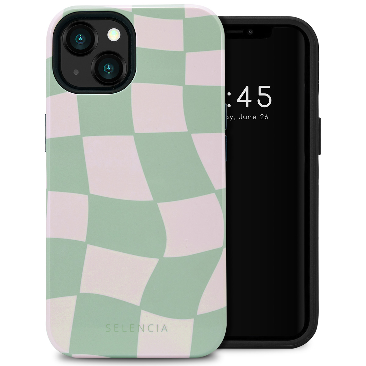 Coque de téléphone avec motif à carreaux verts et roses. Nom de la marque Selencia.