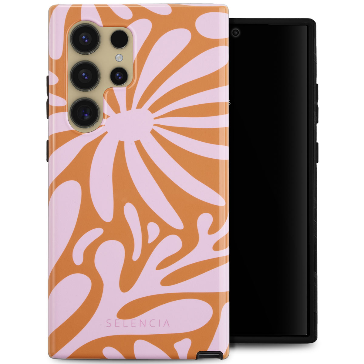 Telefoonhoes met oranje en roze bloemenontwerp. Zwarte telefoon.