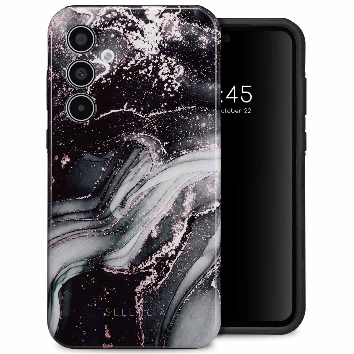 Coque de téléphone avec un design marbré noir et blanc. Nom de la marque Selencia.