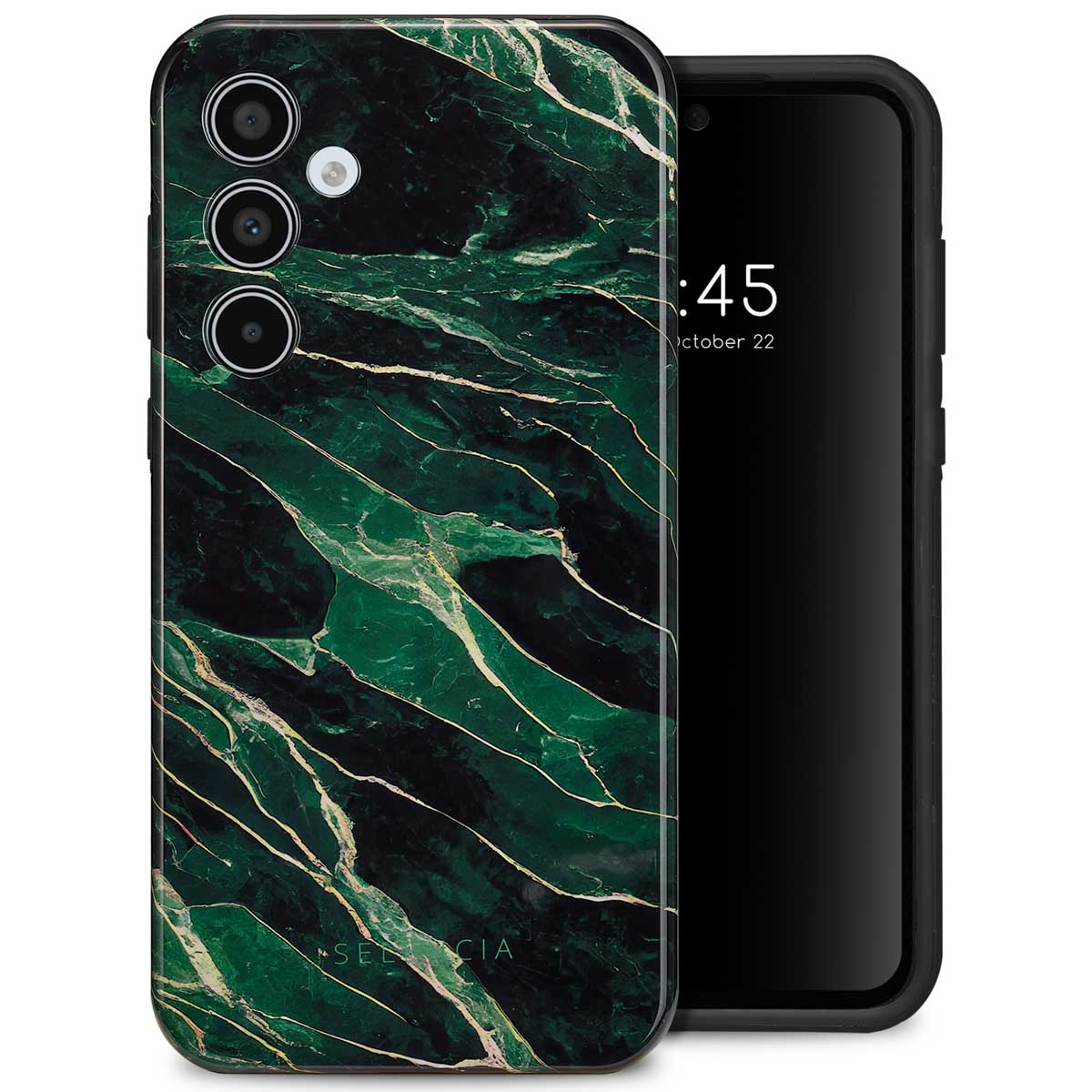 Smartphone avec une coque au design marbre vert. Le téléphone est montré avec la coque dessus.