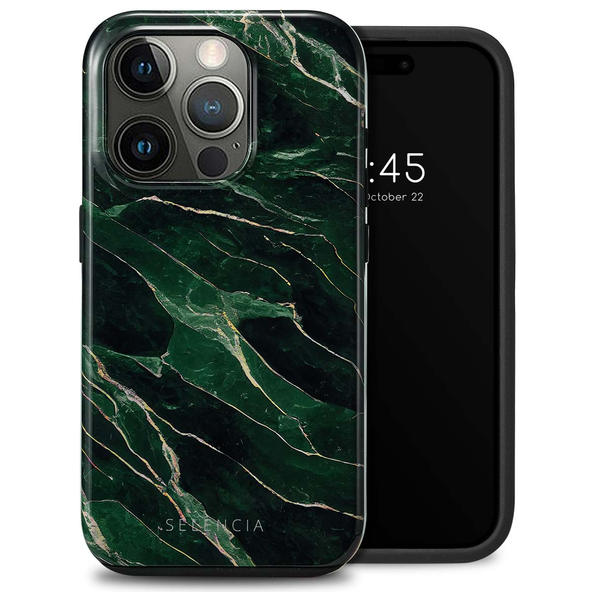 Telefoon in een groene marmeren hoes. De telefoon toont de tijd. De hoes beschermt de camera.