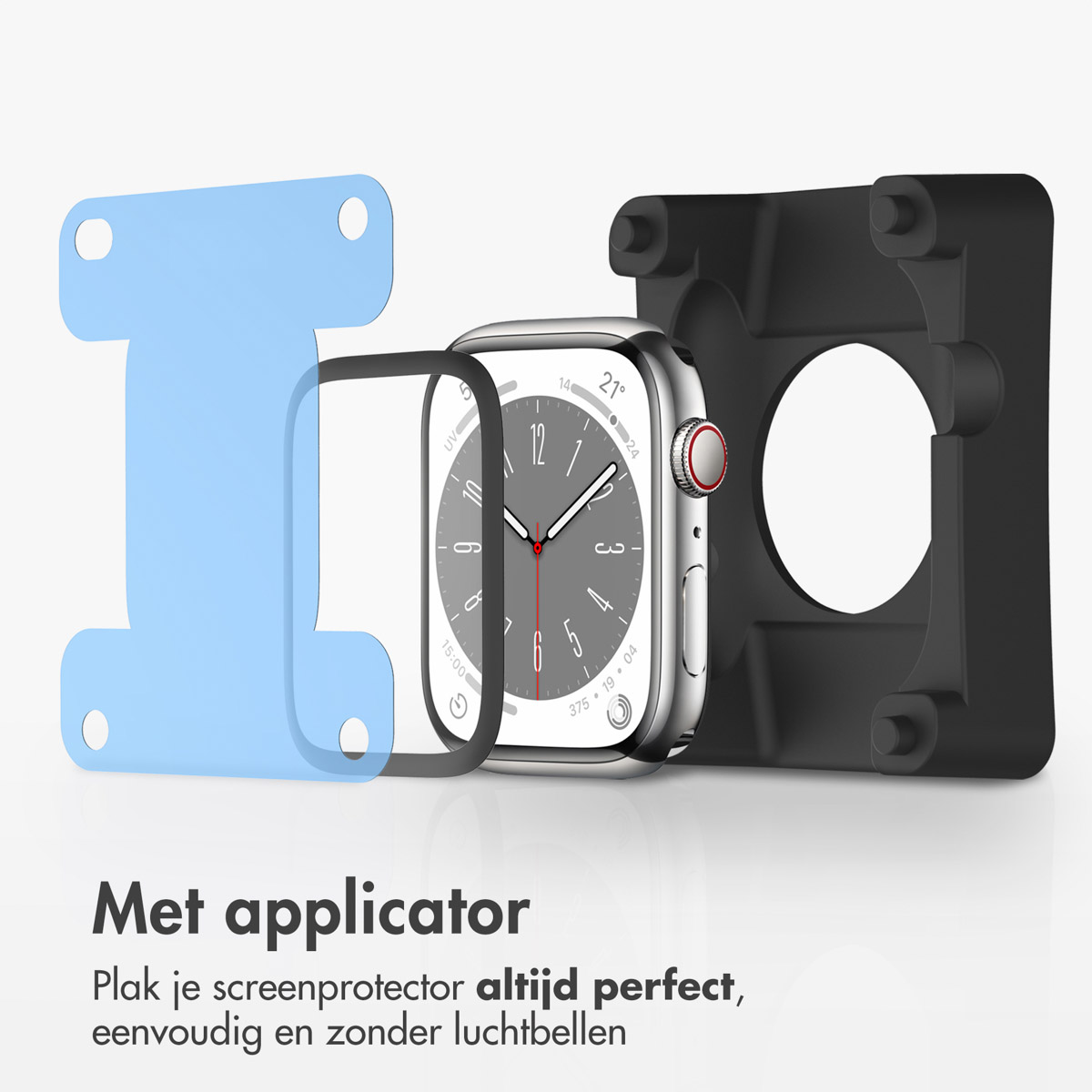 An Apple Watch with a screen protector and a black case.
