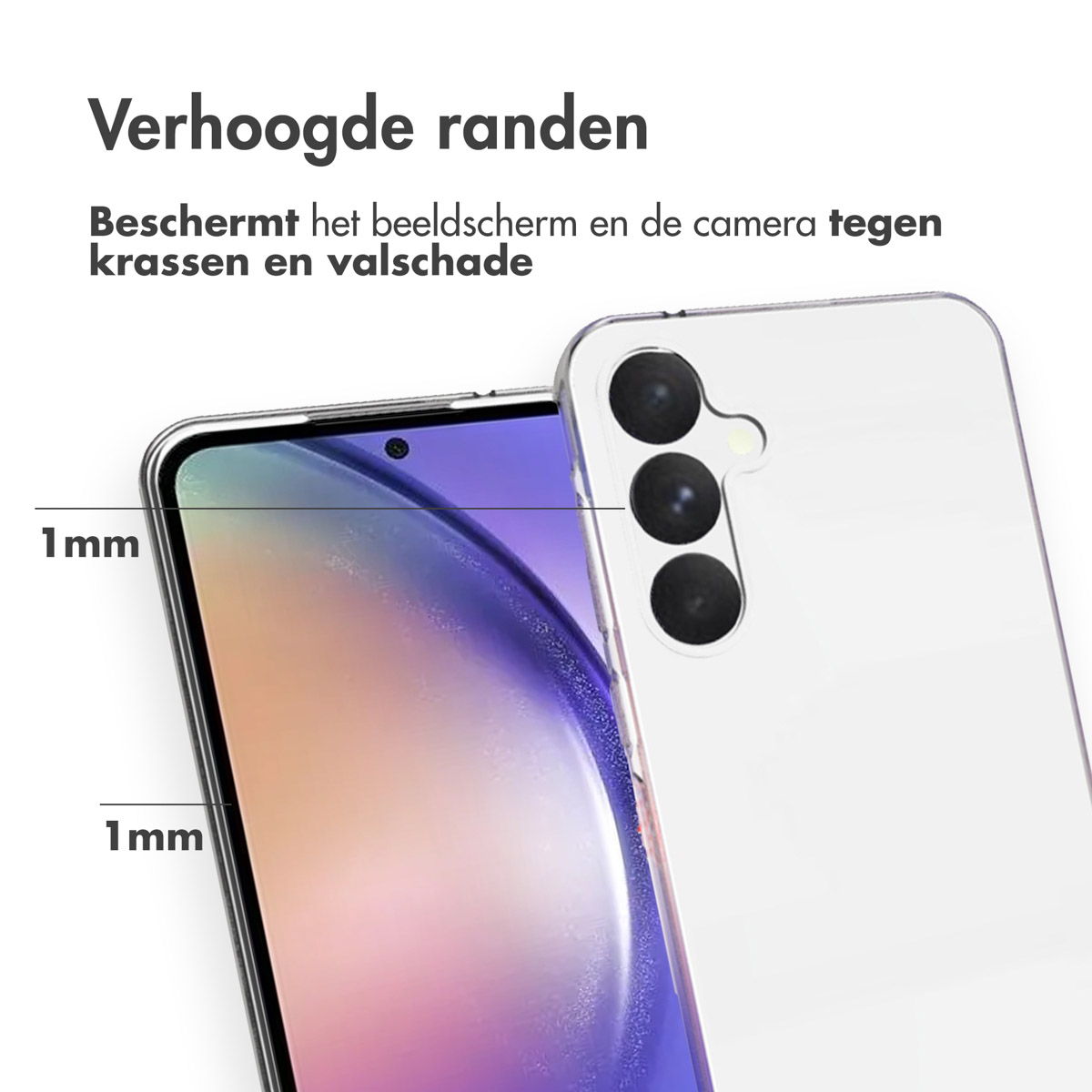 Coque de téléphone transparente. Montrant les bords. Le texte indique les bords surélevés.