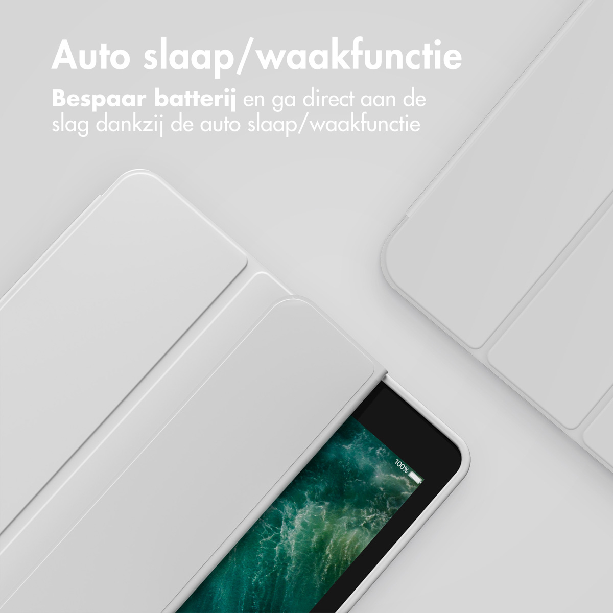 White tablet case, open to reveal the screen. Showing a battery percentage.