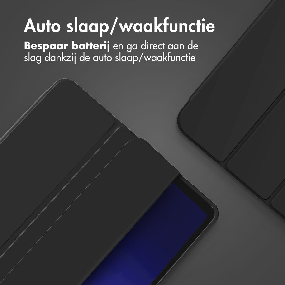 Two black tablet cases, one open showing a blue screen, the other closed.