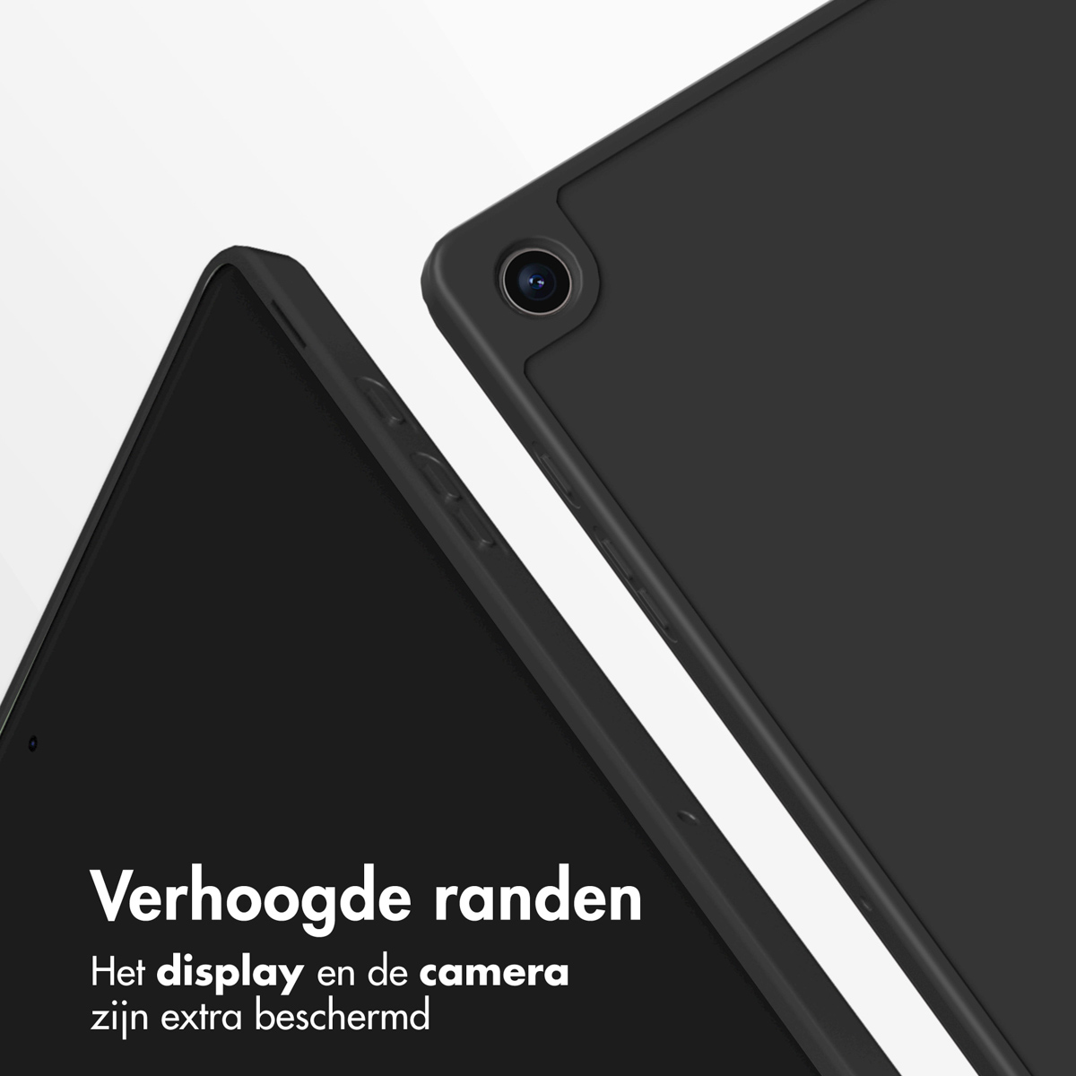 Black tablet case with raised edges, protecting the tablet.