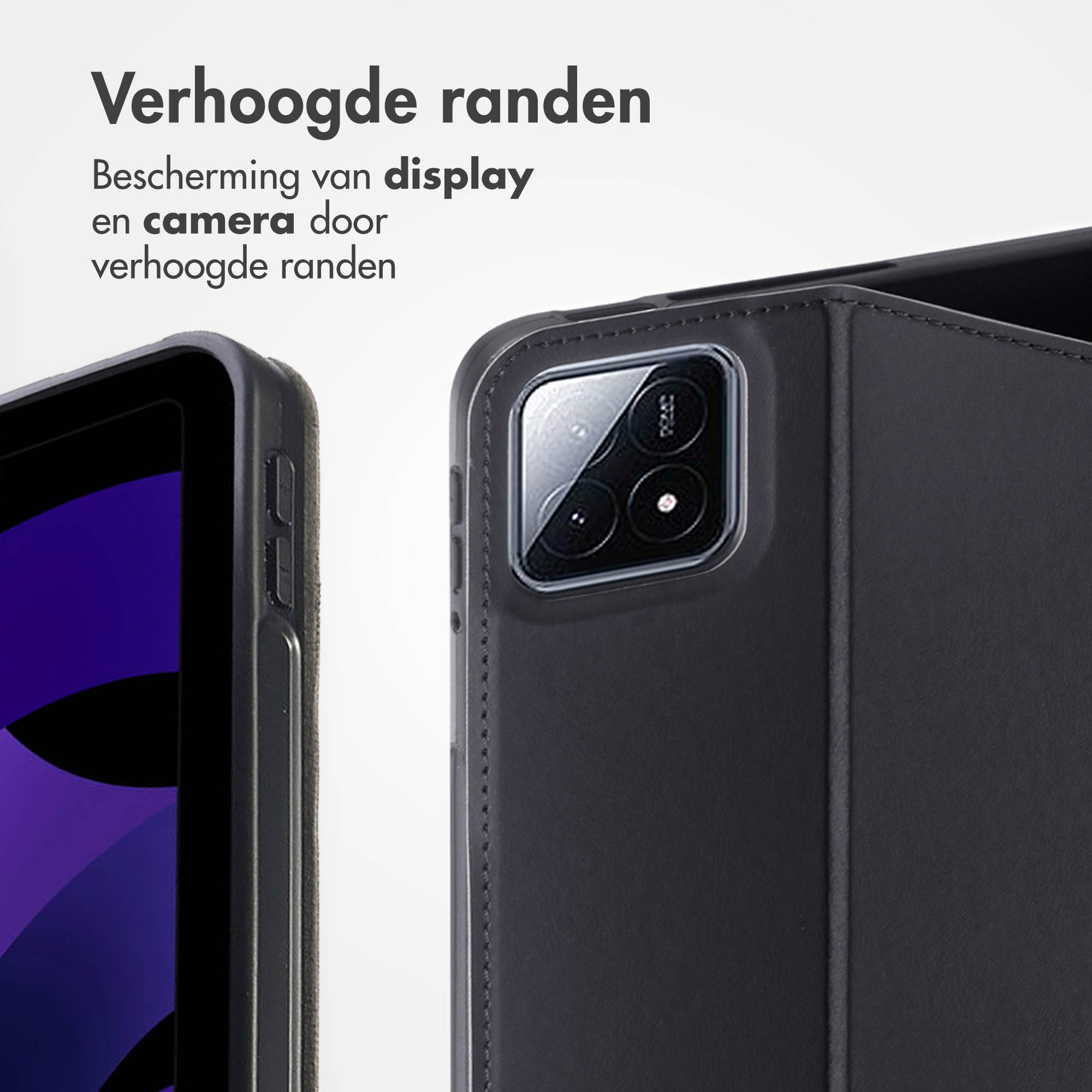 Zwarte tabletcase met verhoogde randen. Cameradetails zichtbaar.