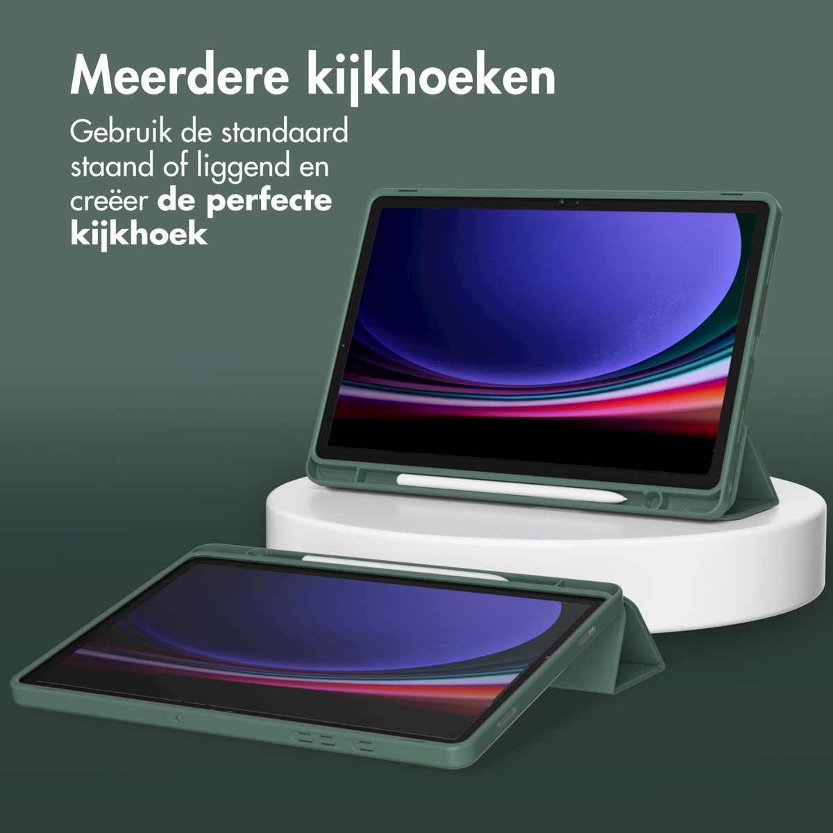 Two green tablet cases with a tablet and a white stand. The tablets are open and show a screen.