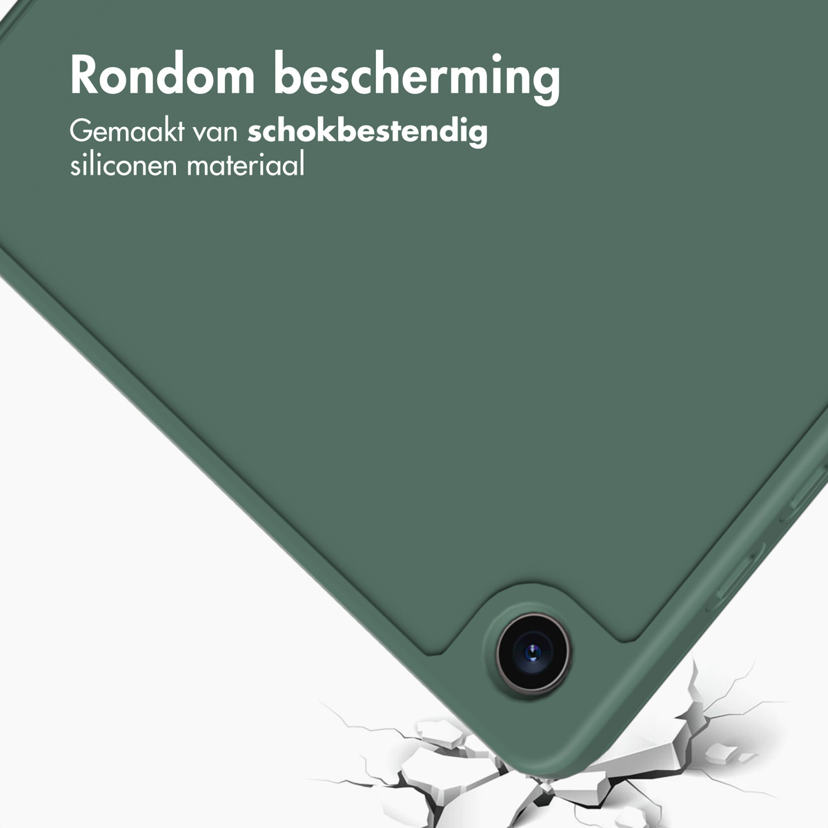 Green tablet case with a camera cutout. The case is on a surface with cracks.