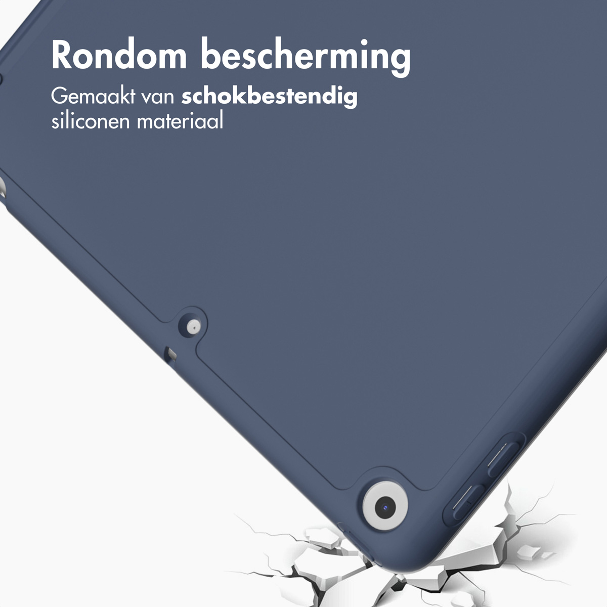 Blauwe tablet case hoek, toont schadebestendigheid. Witte achtergrond.