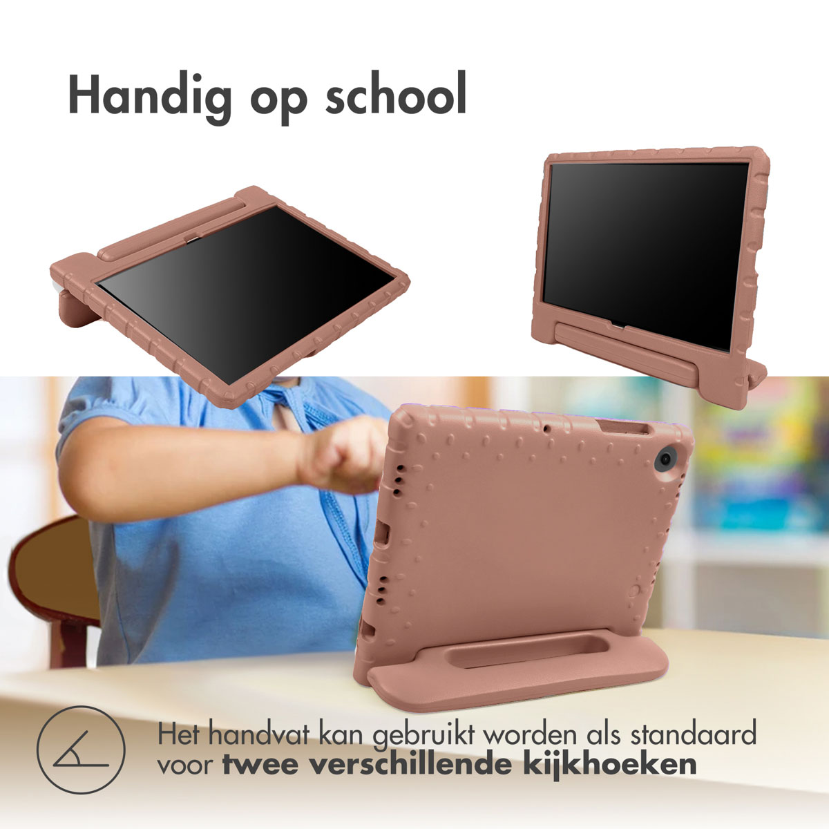 Roze tablethoes met een ingebouwde standaard. De hoes heeft een tablet binnenin.