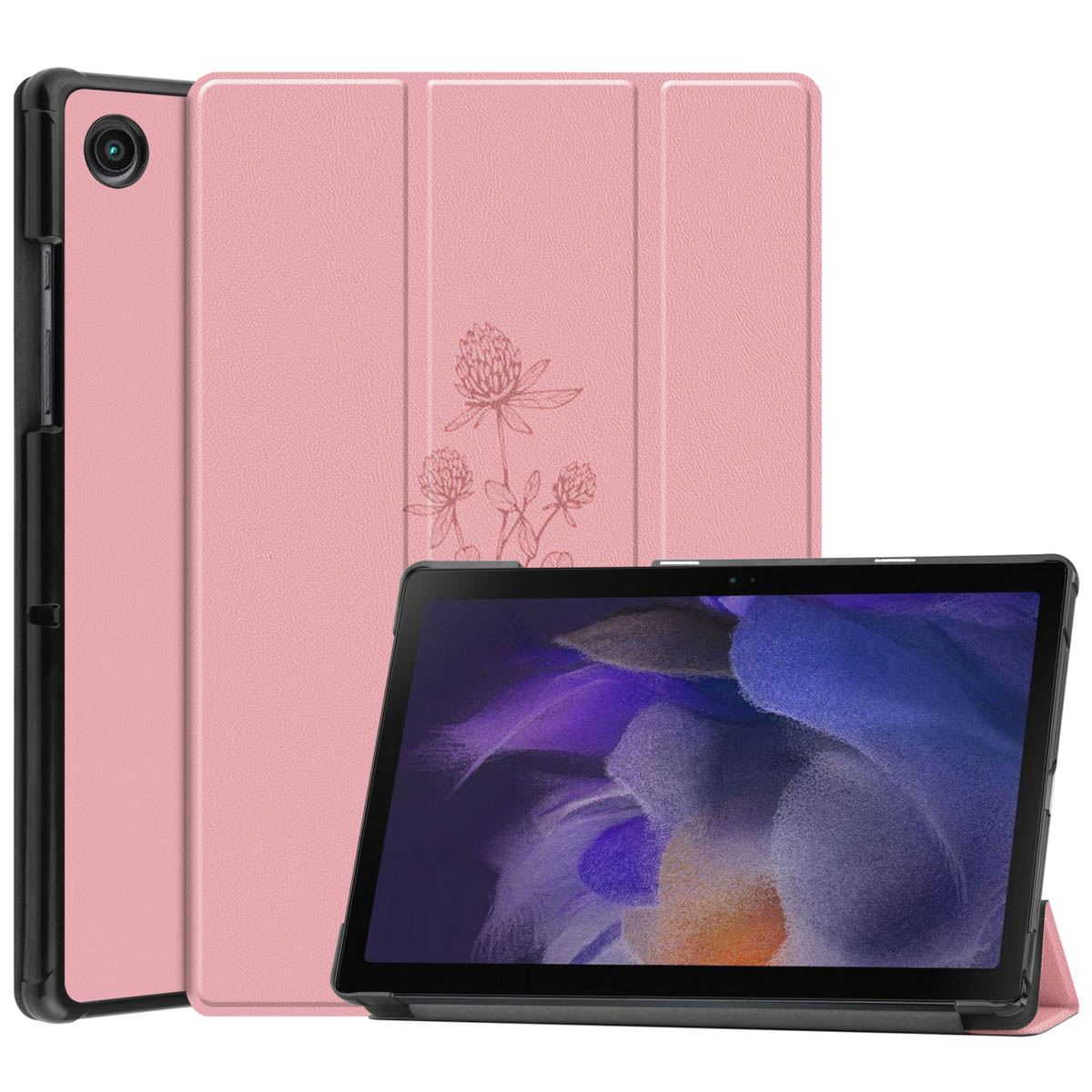 Pink tablet case with a flower design and a tablet inside.