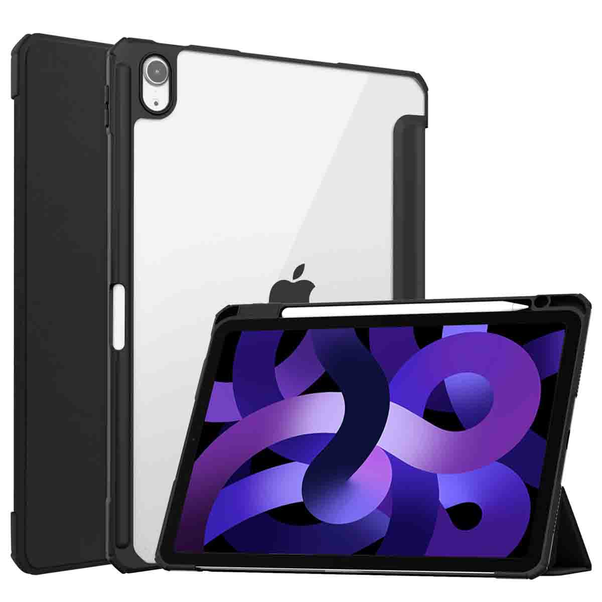Tablet in black case with clear back. Apple logo visible. Stylus inserted.