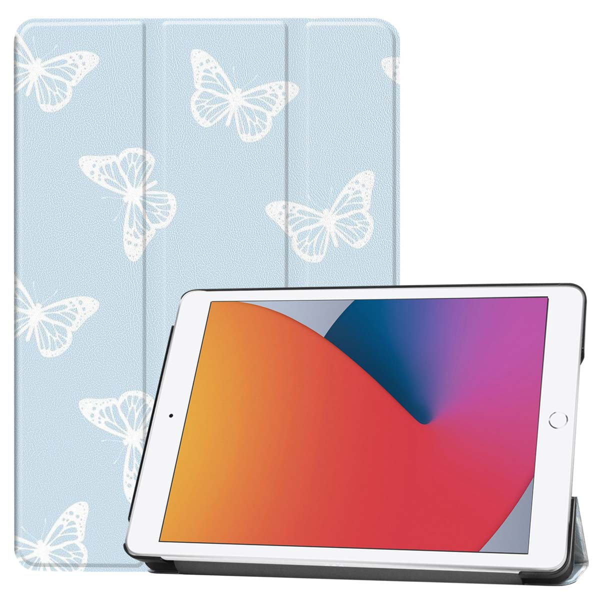 Light blue iPad cover with white butterfly pattern. iPad with a colorful screen rests on a stand.