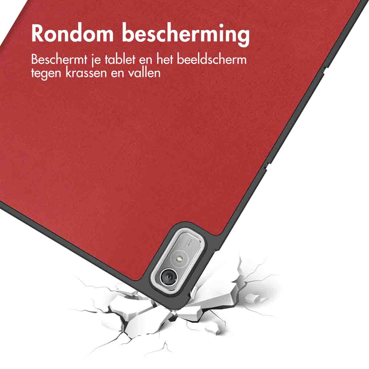 Rode tablethoes. De tablet valt. Tekst over bescherming tegen krassen en vallen.