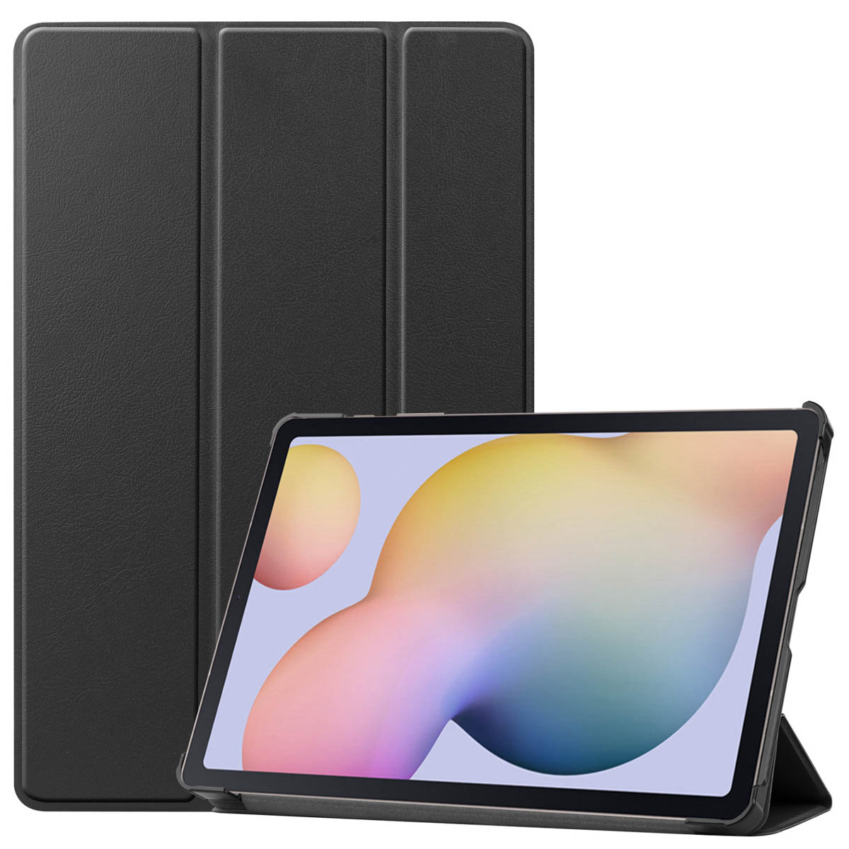 Zwarte tablet met het scherm aan, open op een standaard. Het scherm toont een kleurrijke achtergrond. De hoes is zwart.