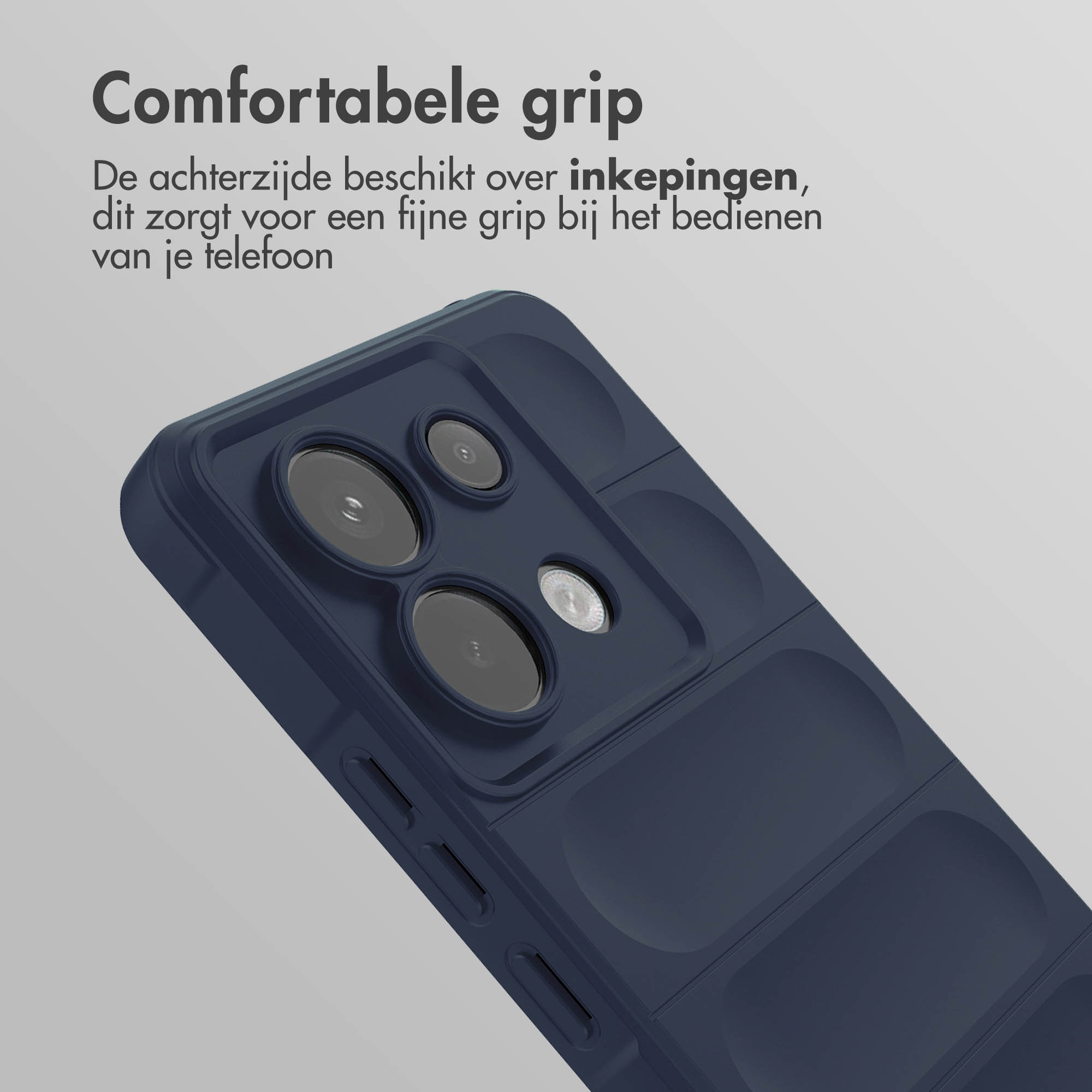 Marineblauwe telefoonhoes. Het heeft een textuurontwerp op de achterkant.