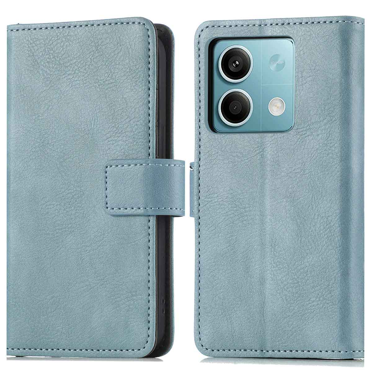 Blauwe telefoonhoes, open, met de telefoon en een sluiting.