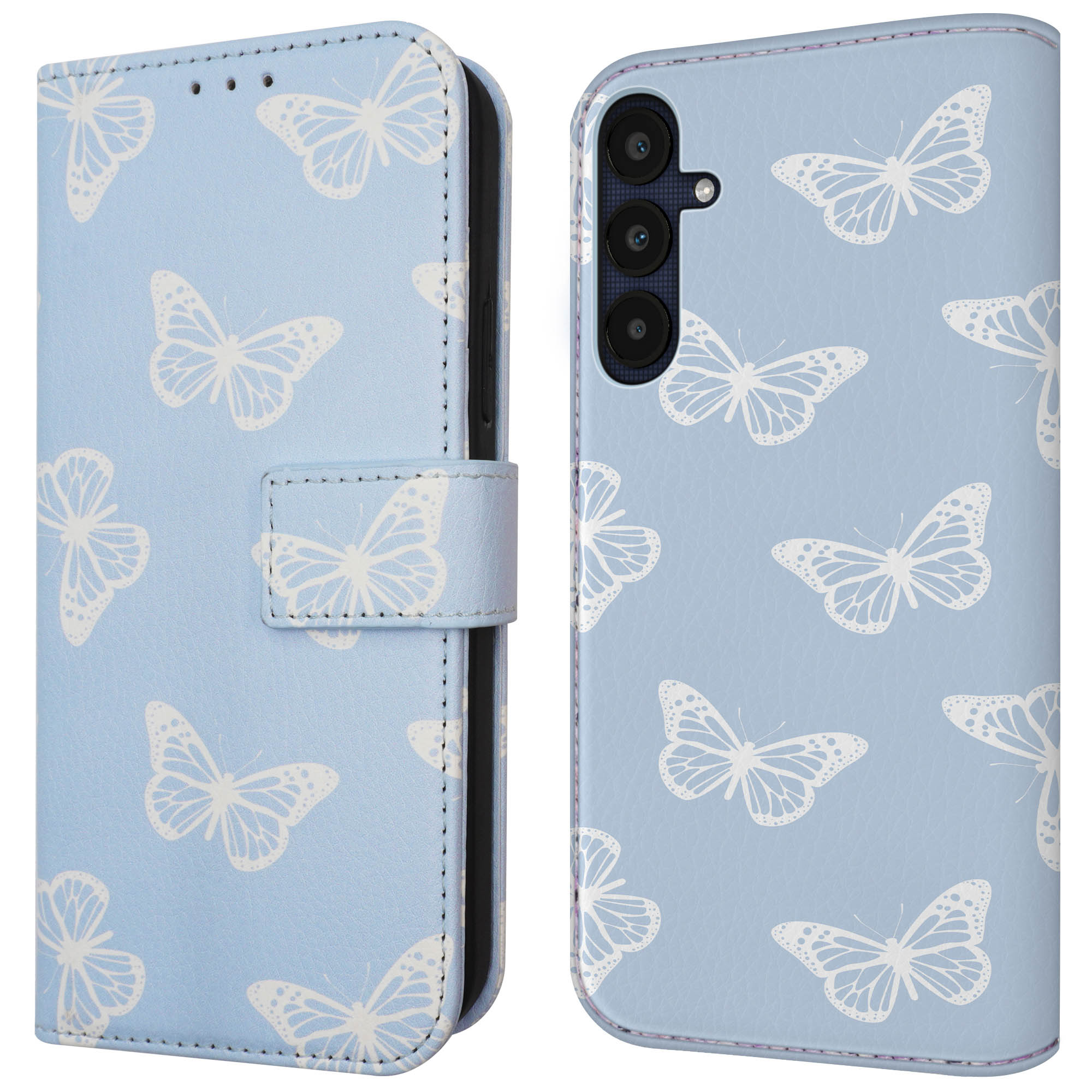 Blauwe telefoonhoes met wit vlinderpatroon, open, met de telefoon zichtbaar.