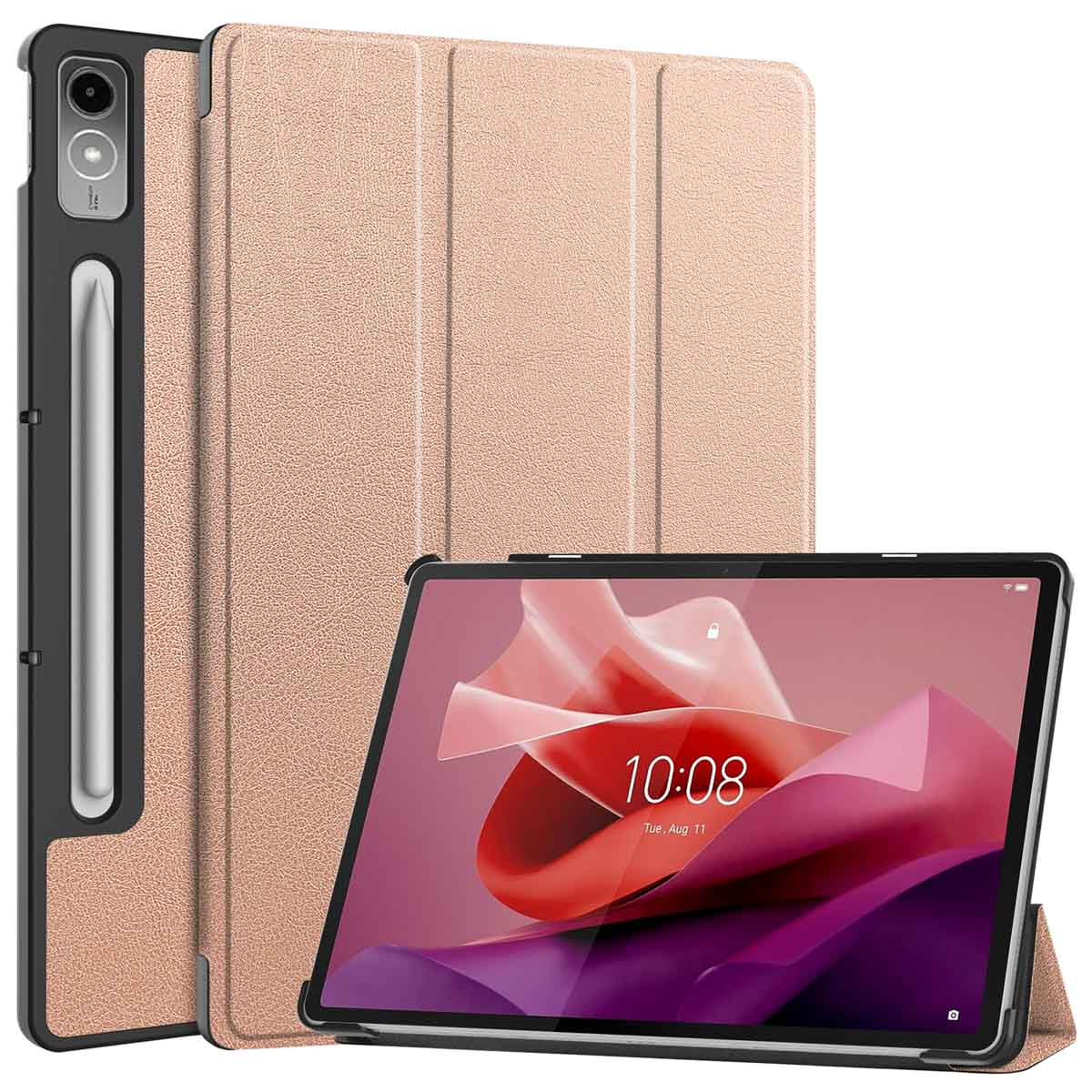 Tablet with case and stylus. Case is pink. Tablet shows a purple screen. Black bezel.