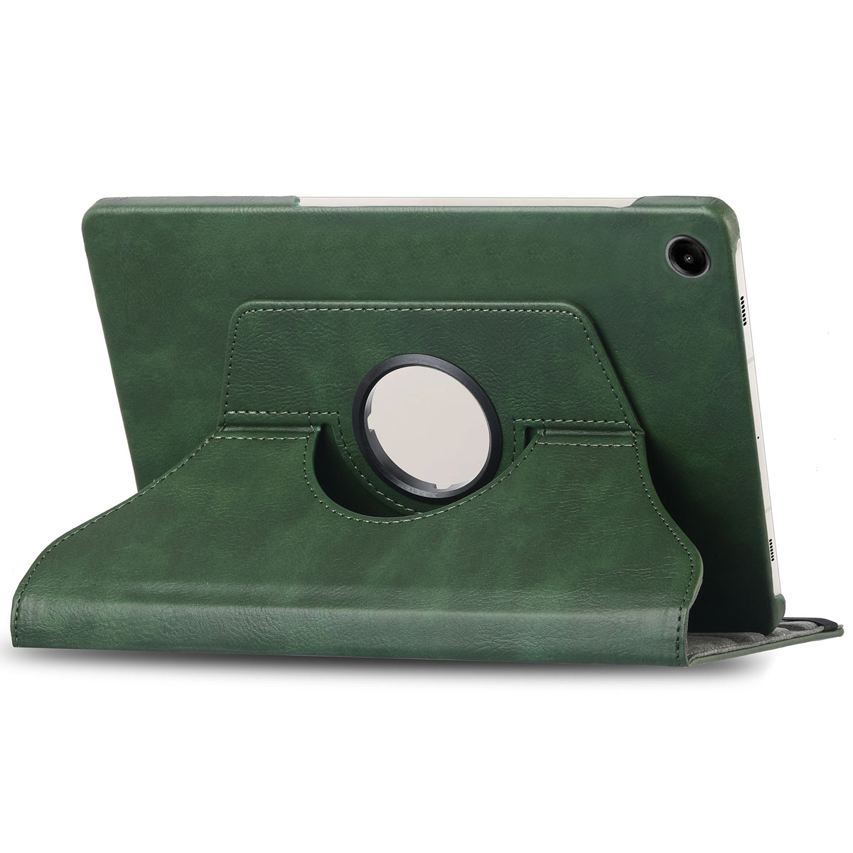 Étui de tablette vert avec un support rotatif. La tablette est visible.