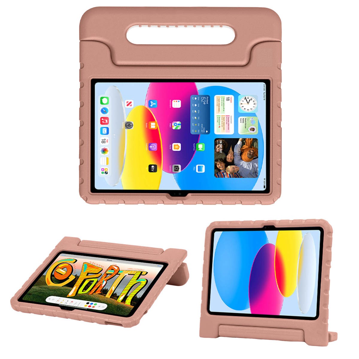 Tablet in een roze hoes. Verschillende hoeken tonen het tablet- en hoesontwerp, met handvat en standaard.