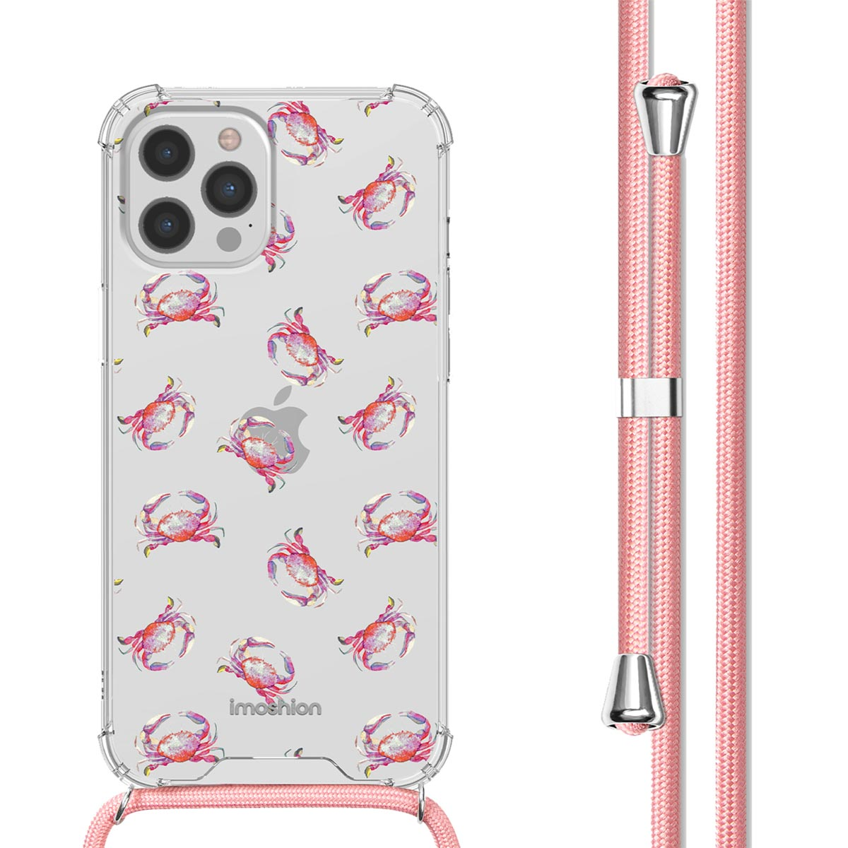 Une coque de téléphone avec des crabes et un cordon rose.