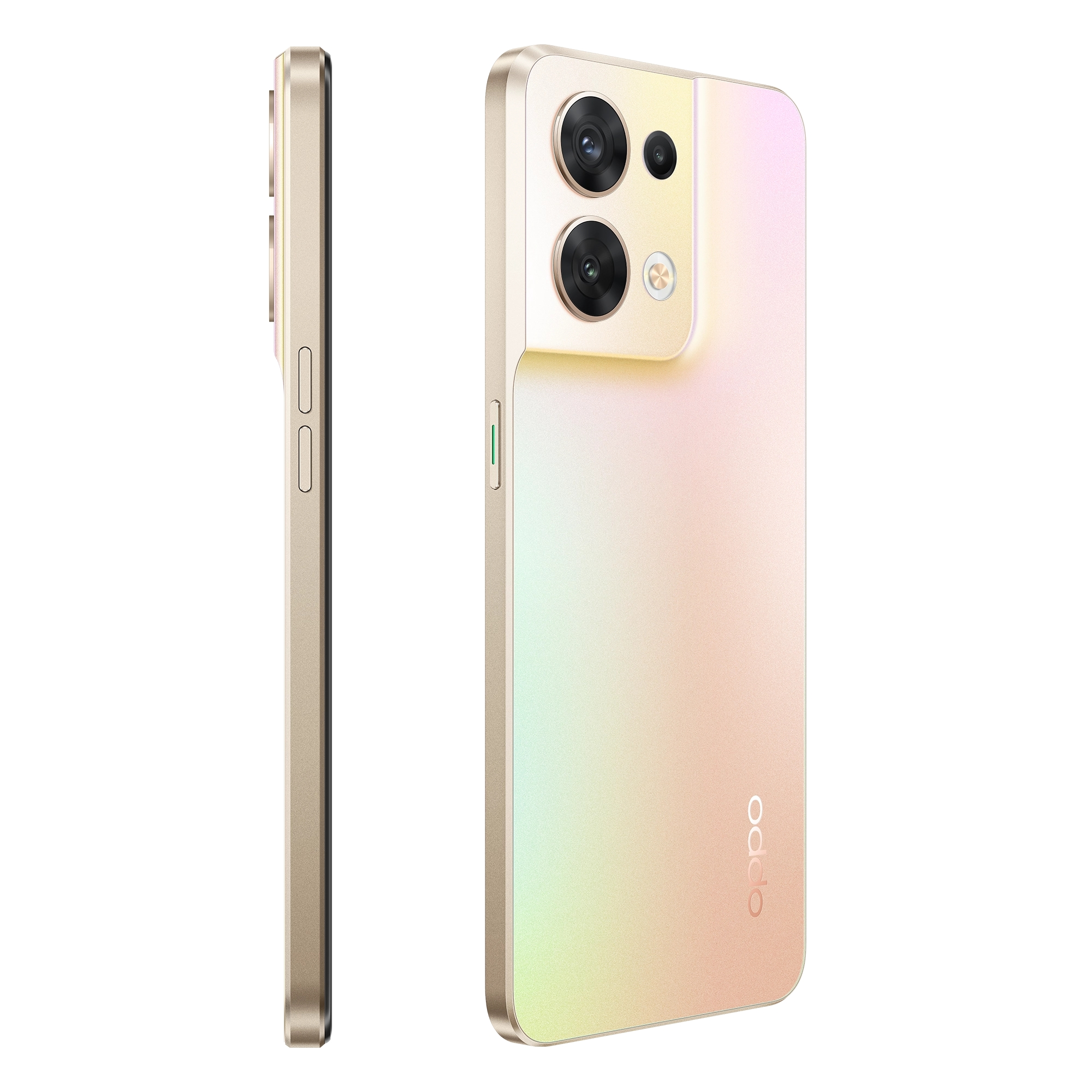 Goldenes und rosa Telefon, Seiten- und Winkelansicht. Oppo-Logo. Mehrere Kameralinsen. Weißer Hintergrund.