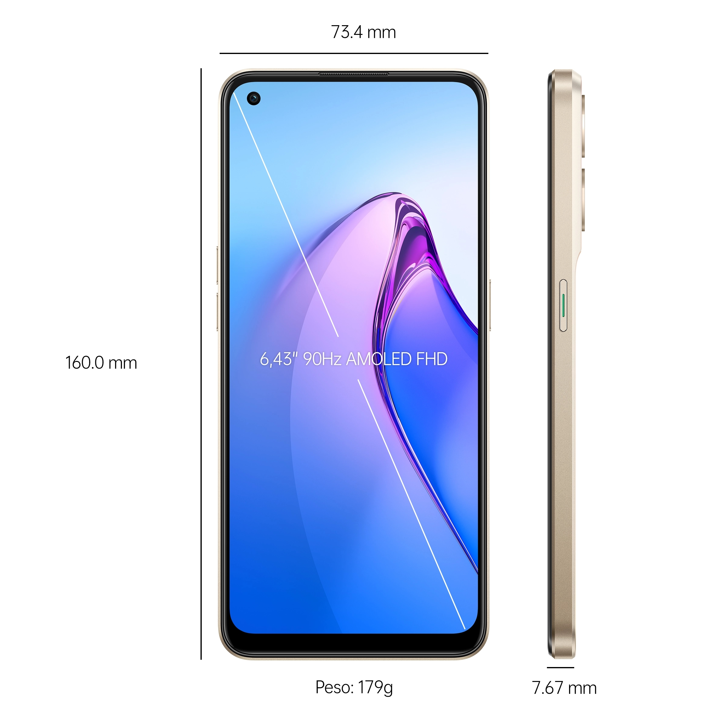 Smartphone mit Abmessungen: 160,0 mm Höhe, 73,4 mm Breite, 7,67 mm Tiefe und 179 g Gewicht. Zeigt seinen Bildschirm.